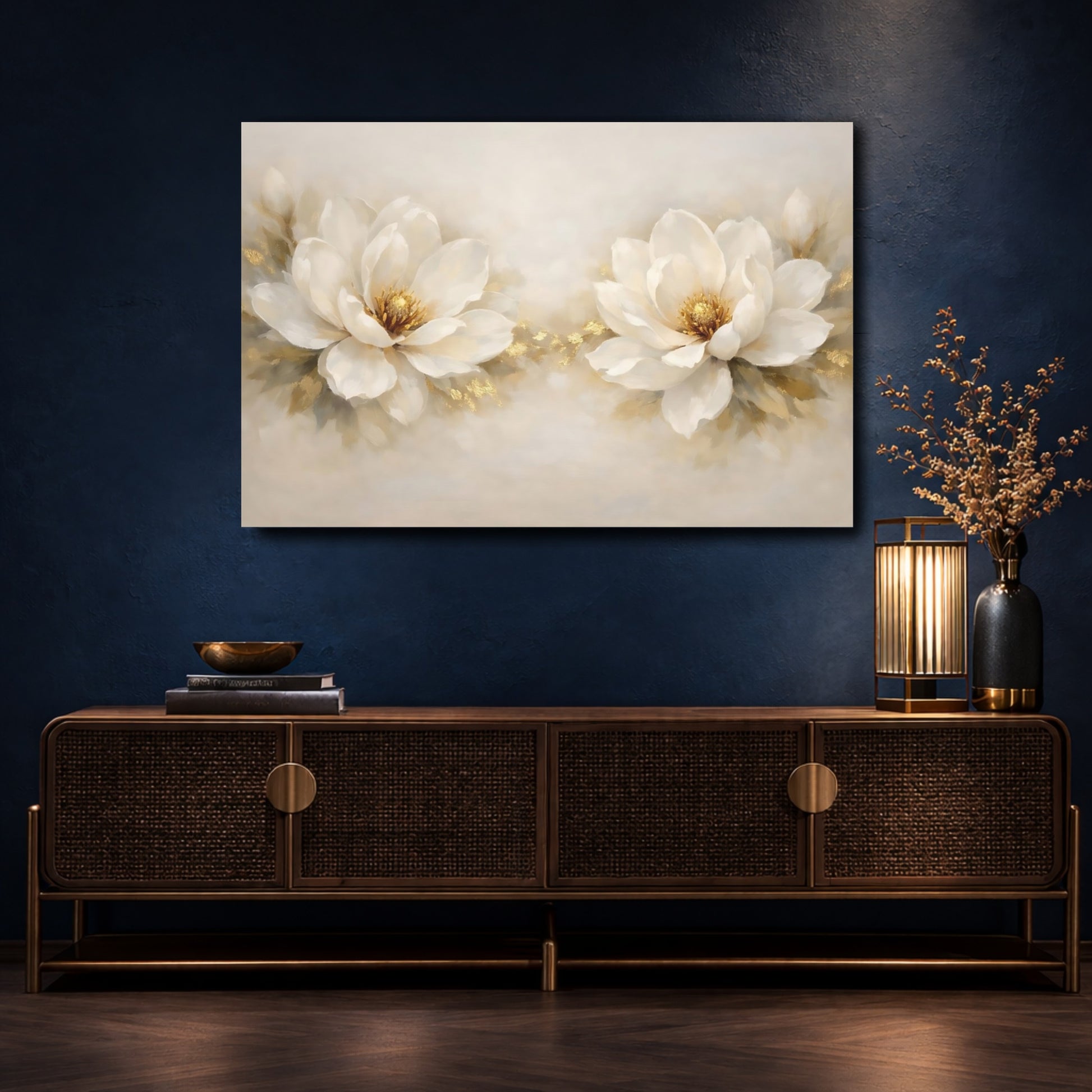 Mockup 4. Floral White Magnolias White And Gold Floral shown as stretched canvas wall art