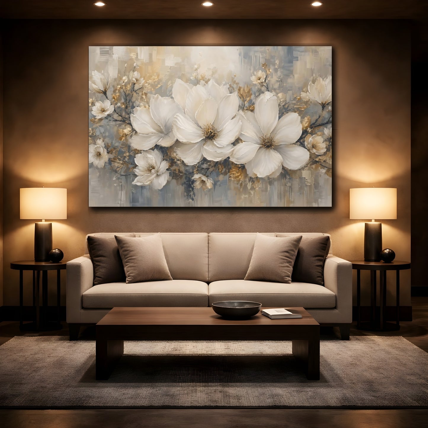 Mockup 2. Floral White Magnolias White Gold Grey shown as stretched canvas wall art