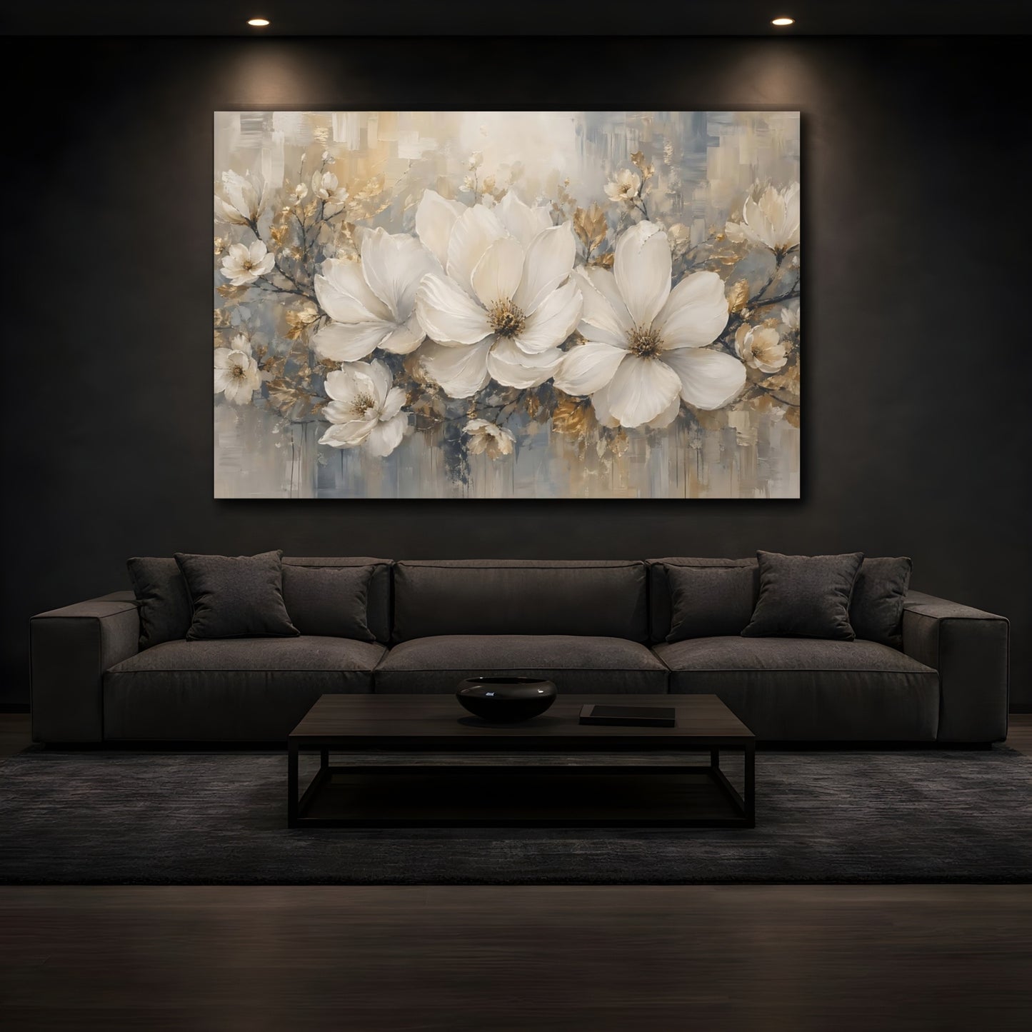 Mockup 3. Floral White Magnolias White Gold Grey shown as stretched canvas wall art