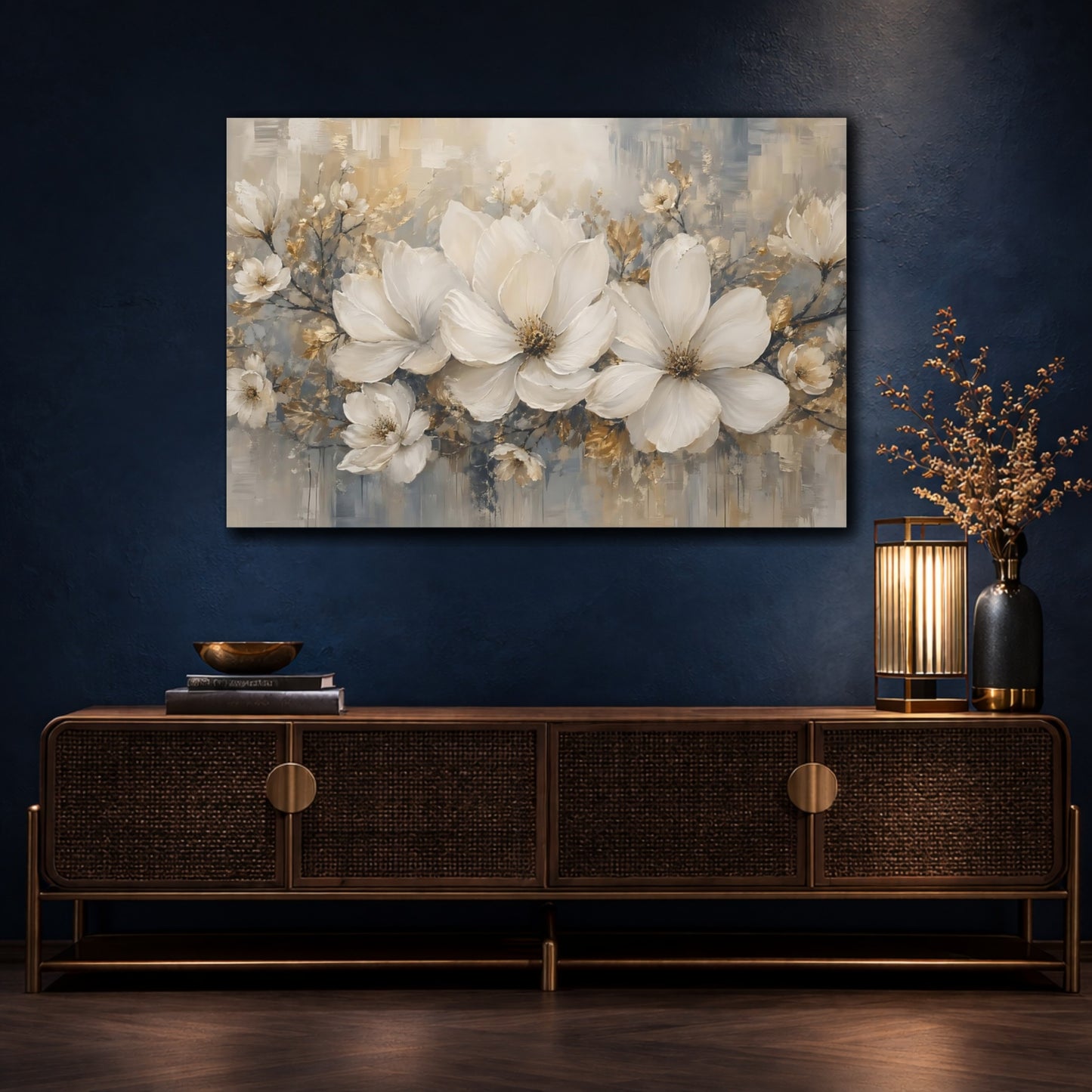 Mockup 4. Floral White Magnolias White Gold Grey shown as stretched canvas wall art