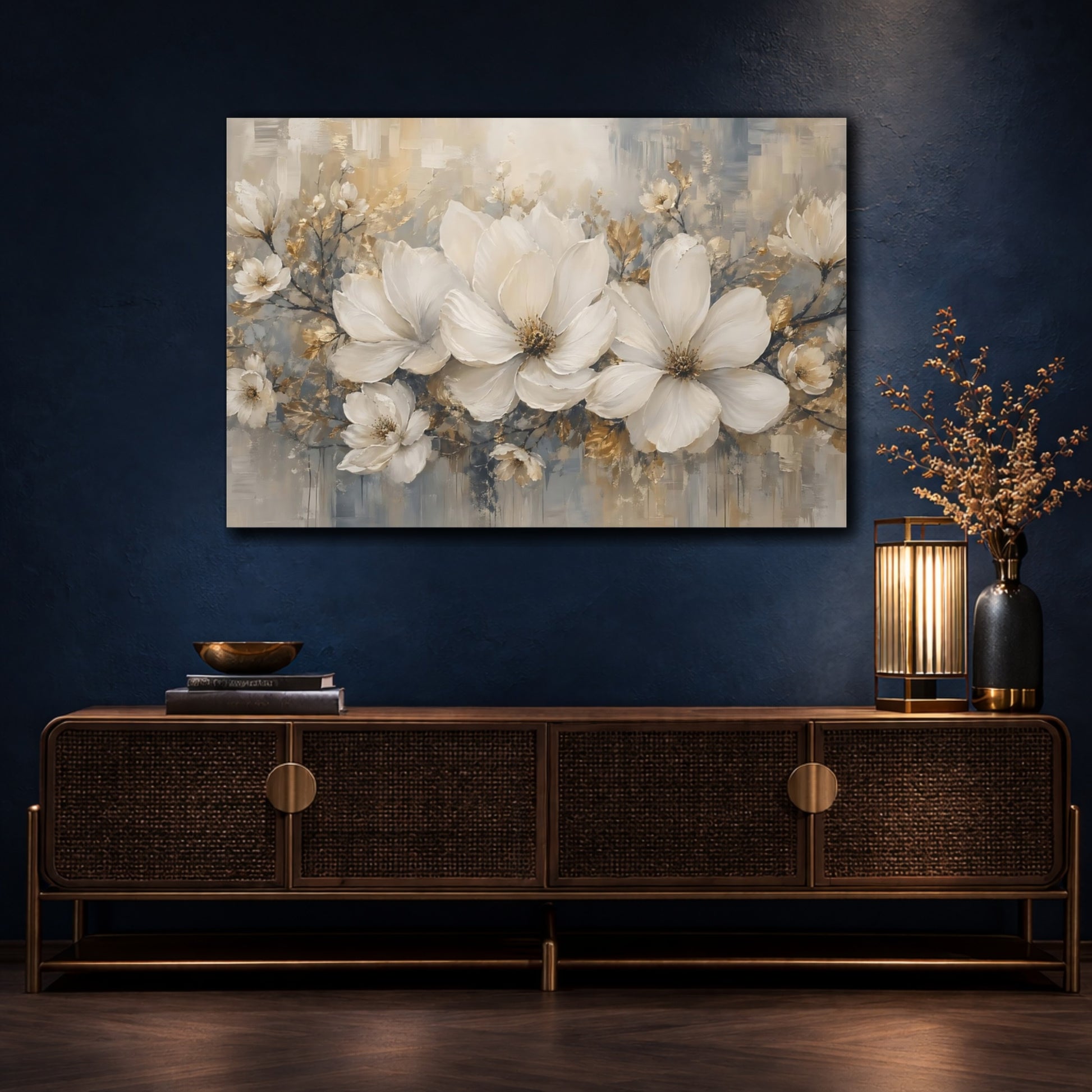 Mockup 4. Floral White Magnolias White Gold Grey shown as stretched canvas wall art