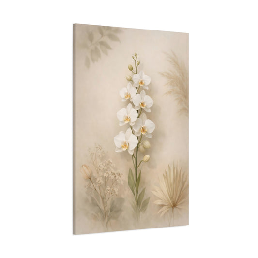 Floral White Orchid Boho Floral Neutrals shown as stretched canvas wall art