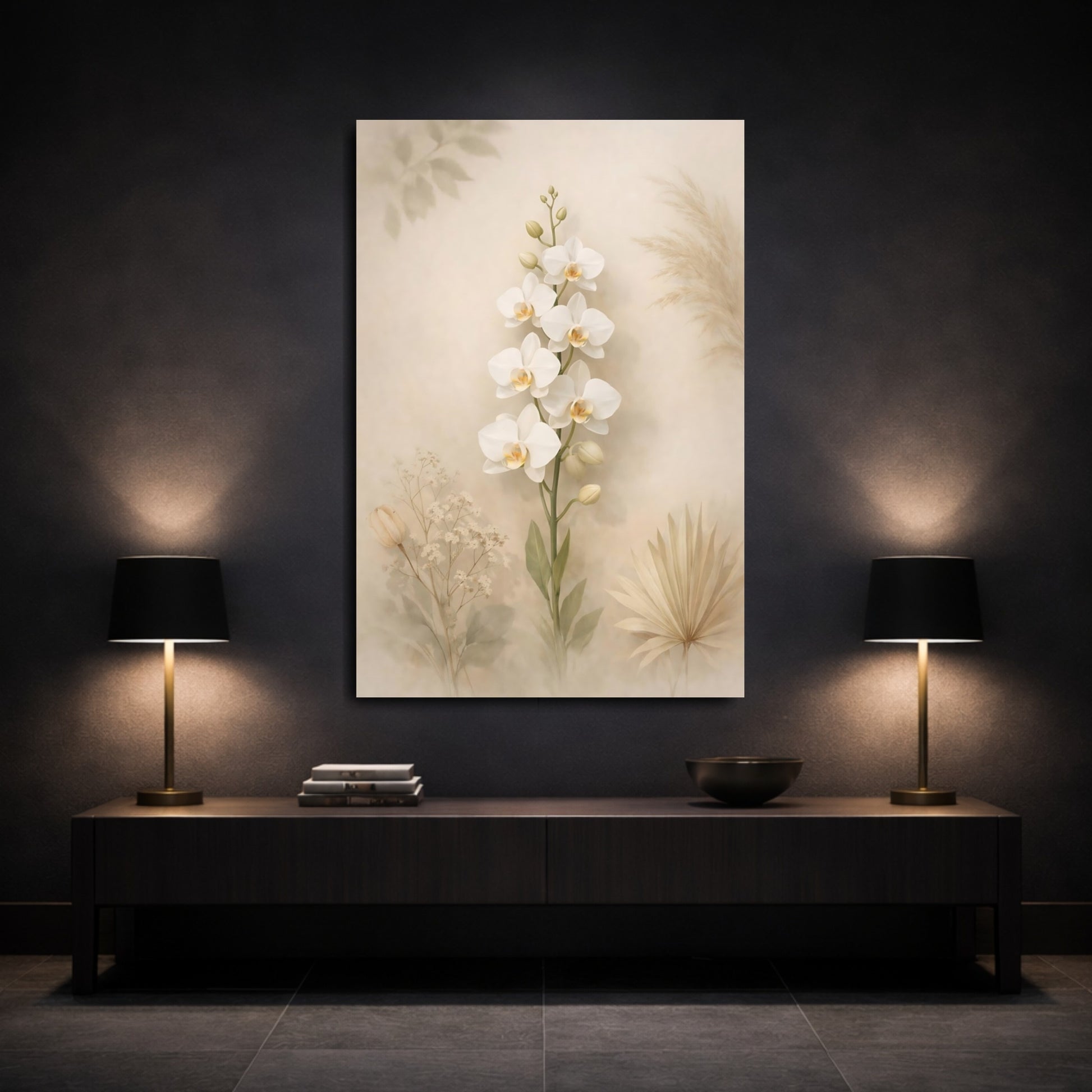 Floral White Orchid Boho Floral Neutrals shown as front canvas room wall art