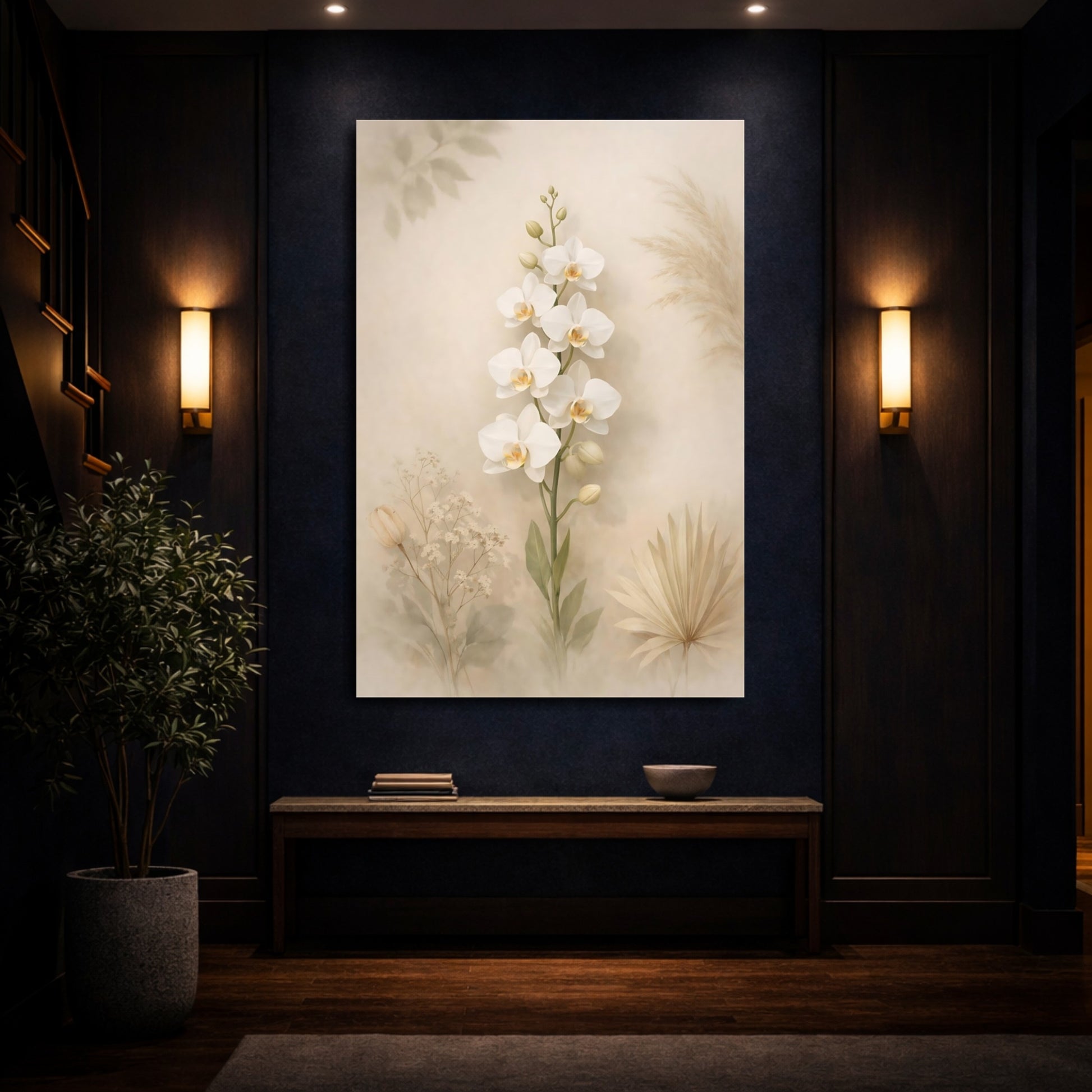 Floral White Orchid Boho Floral Neutrals shown as front canvas room wall art