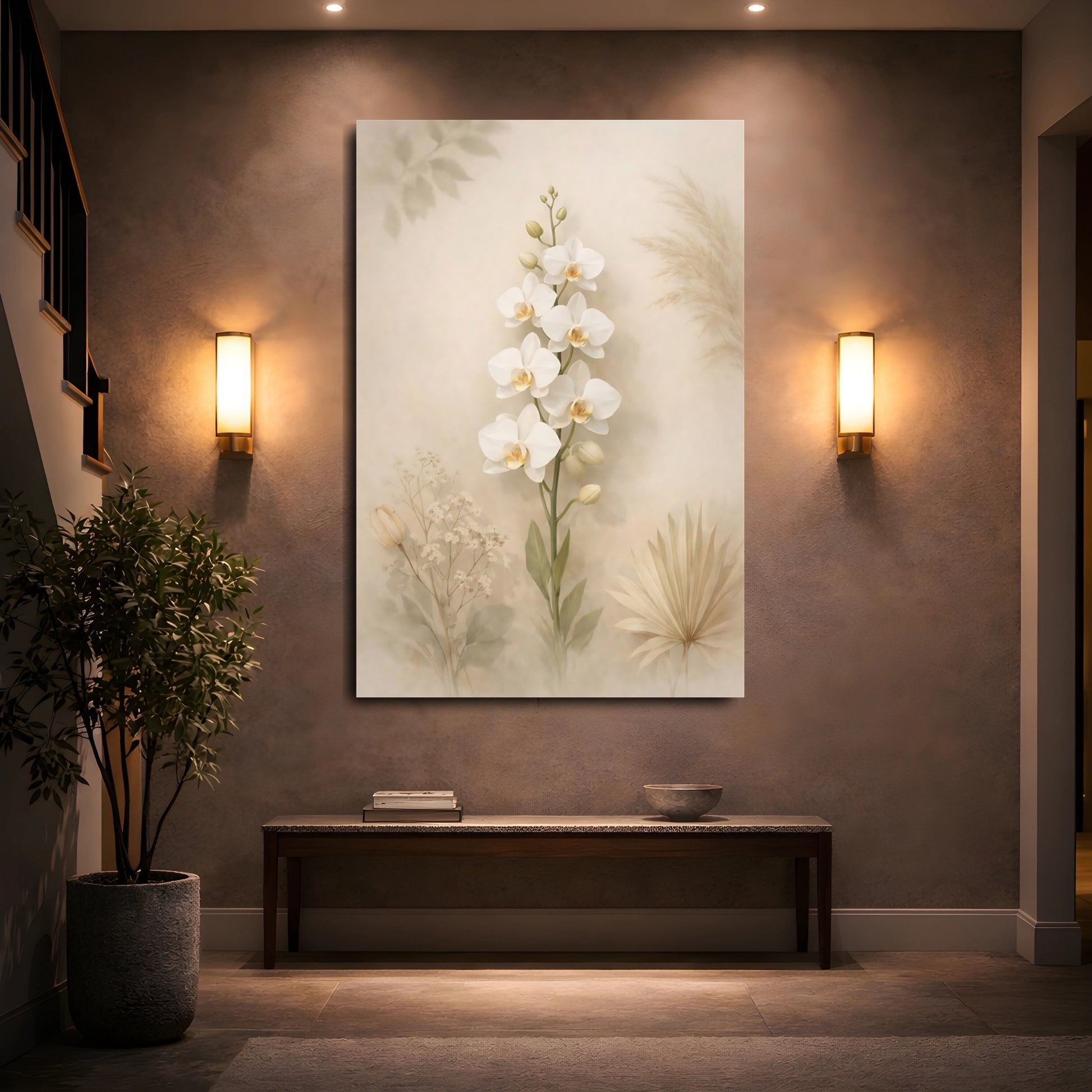 Floral White Orchid Boho Floral Neutrals shown as front canvas room wall art