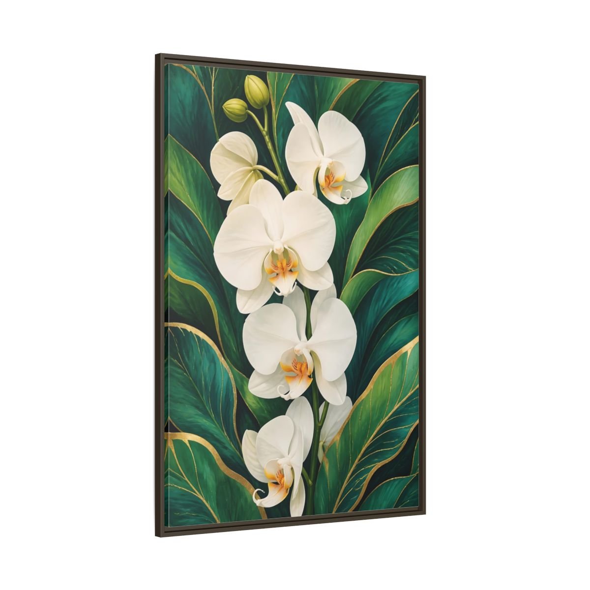 Floral White Orchids Gold Framed Canvas Print – Botanical Living Room, Above Couch - YesArtYes