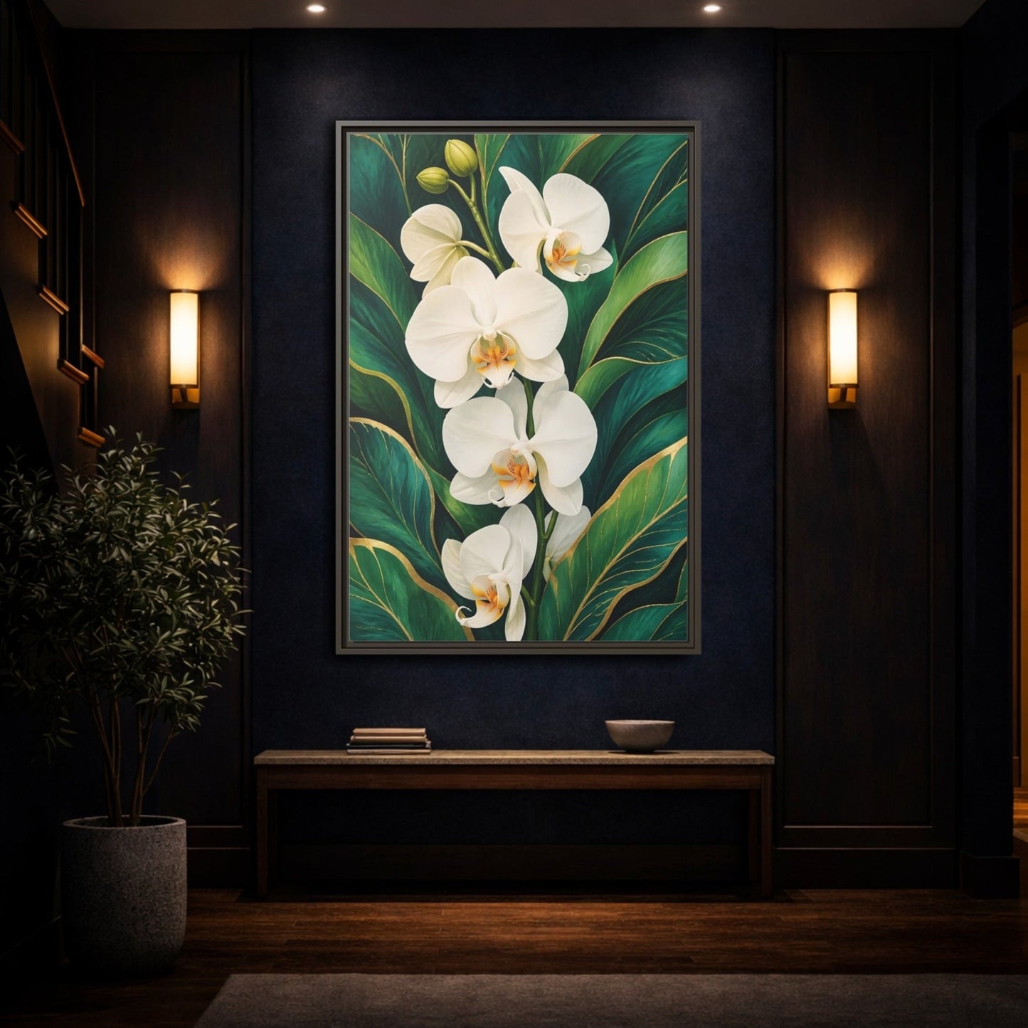 Floral White Orchids Gold Framed Canvas Print – Botanical Living Room, Above Couch - YesArtYes