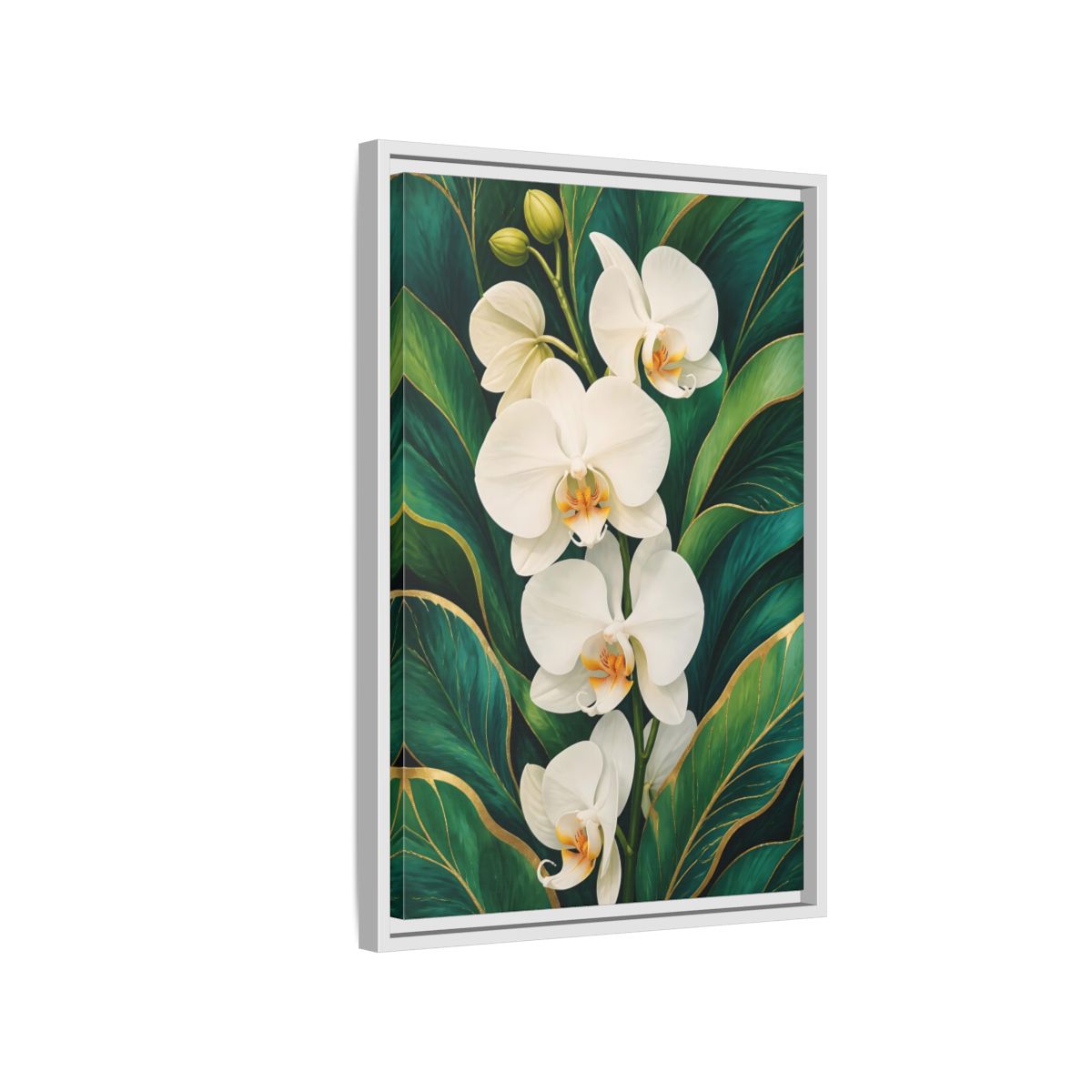 Side Mockup 1. Floral White Orchids White Orchid Gold shown as framed canvas print
