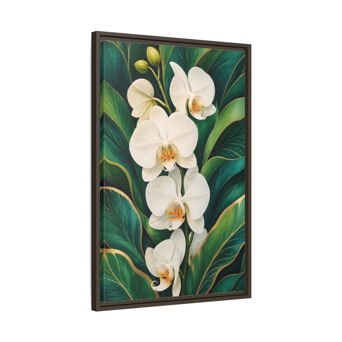 Side Mockup 11. Floral White Orchids White Orchid Gold shown as framed canvas print