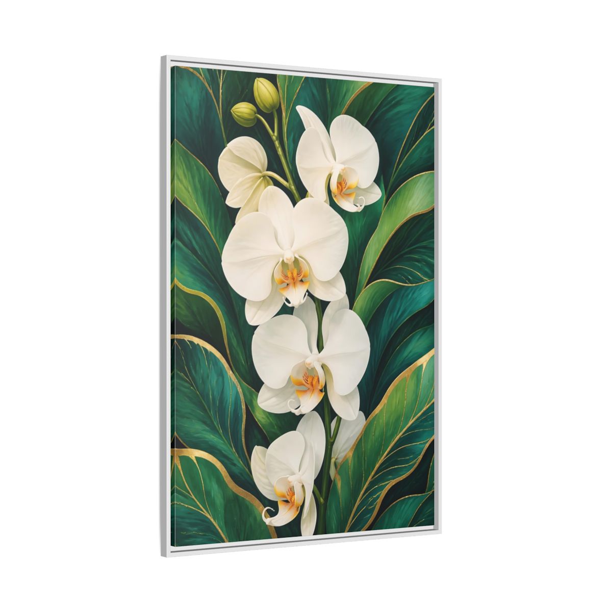 Side Mockup 7. Floral White Orchids White Orchid Gold shown as framed canvas print
