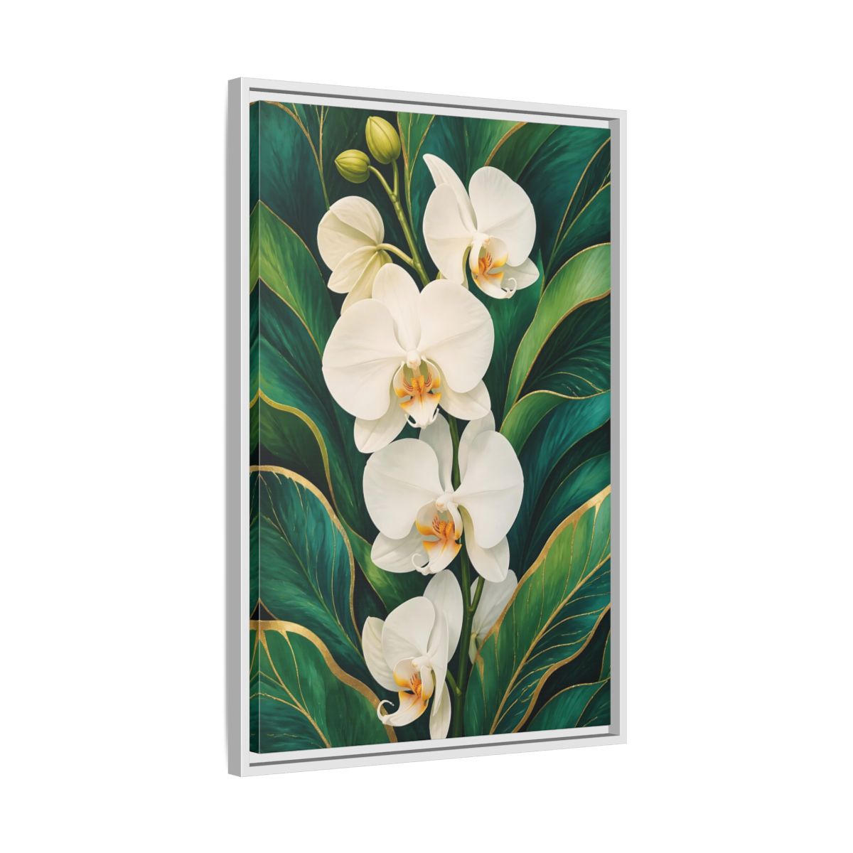 Side Mockup 10. Floral White Orchids White Orchid Gold shown as framed canvas print