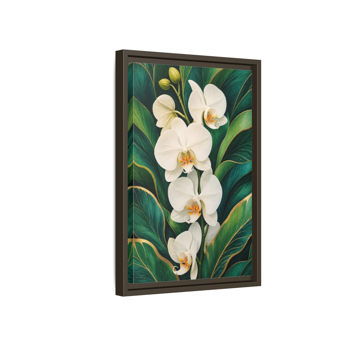 Side Mockup 5. Floral White Orchids White Orchid Gold shown as framed canvas print