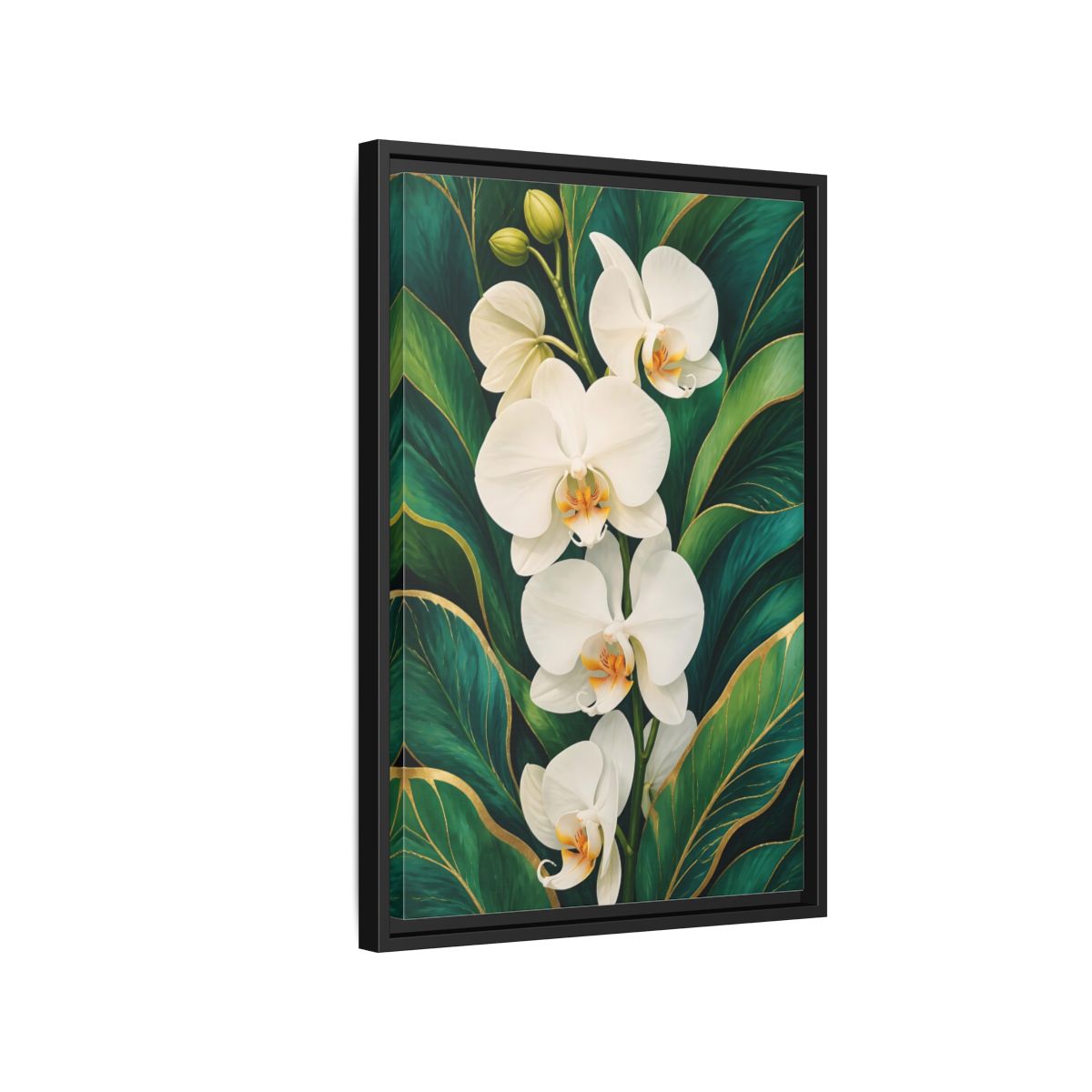 Side Mockup 3. Floral White Orchids White Orchid Gold shown as framed canvas print