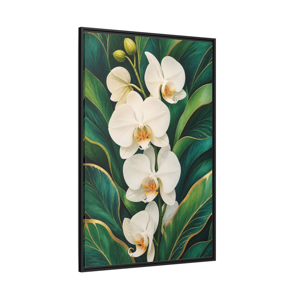 Side Mockup 12. Floral White Orchids White Orchid Gold shown as framed canvas print