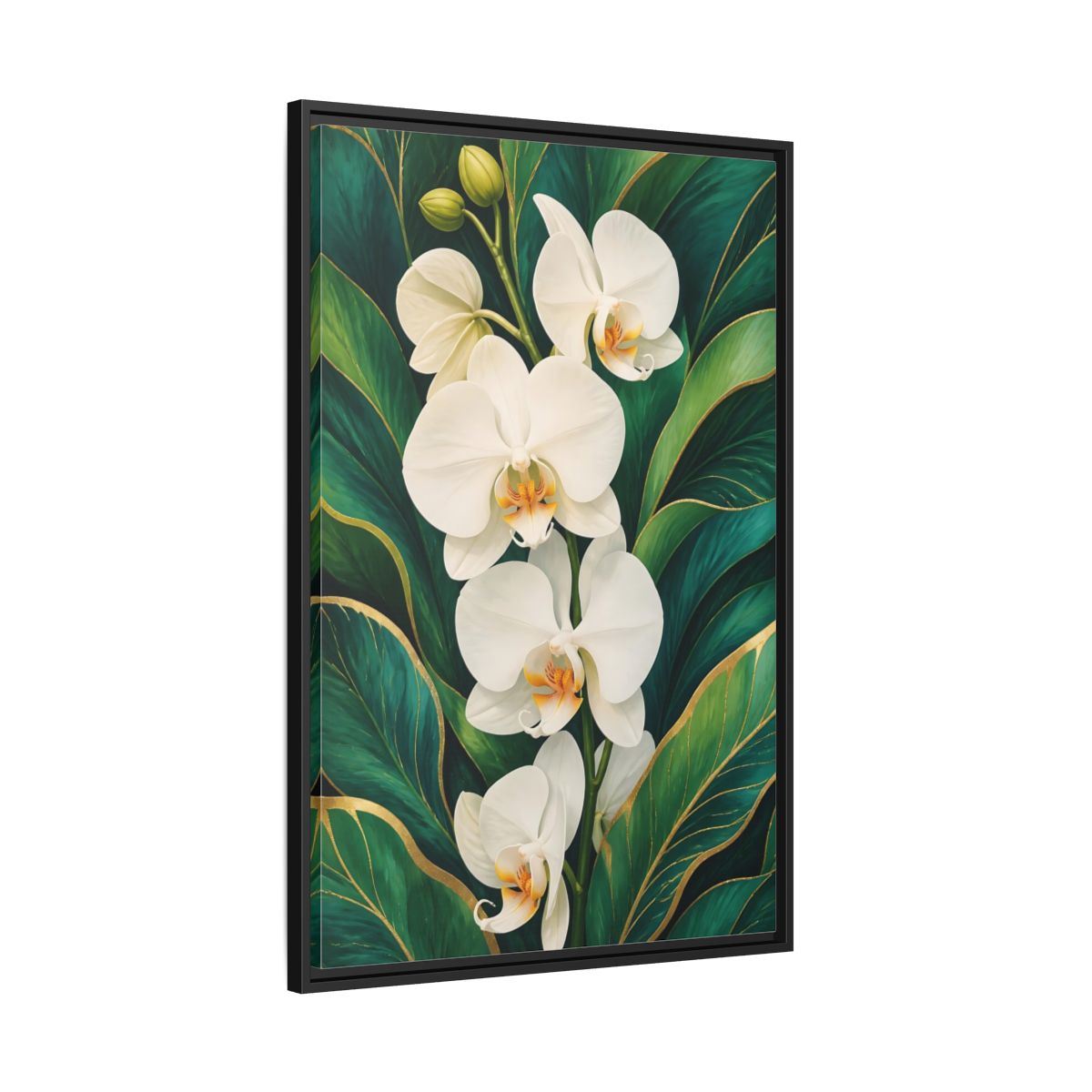 Side Mockup 13. Floral White Orchids White Orchid Gold shown as framed canvas print