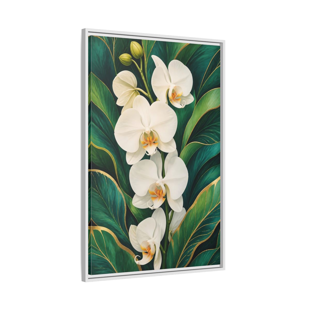 Side Mockup 9. Floral White Orchids White Orchid Gold shown as framed canvas print