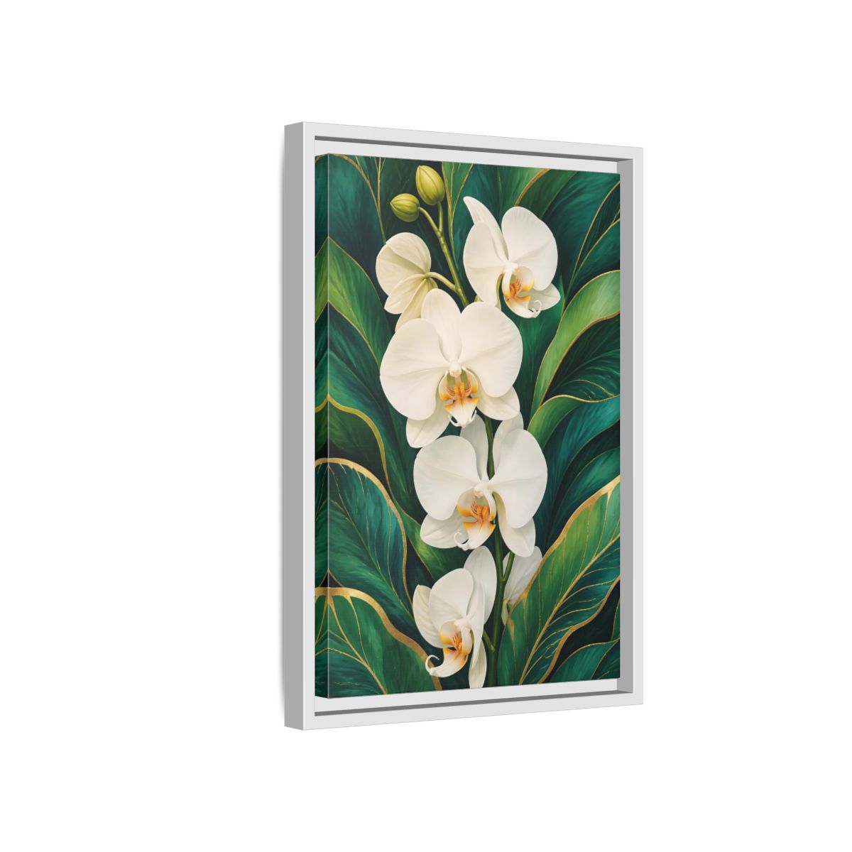 Side Mockup 4. Floral White Orchids White Orchid Gold shown as framed canvas print