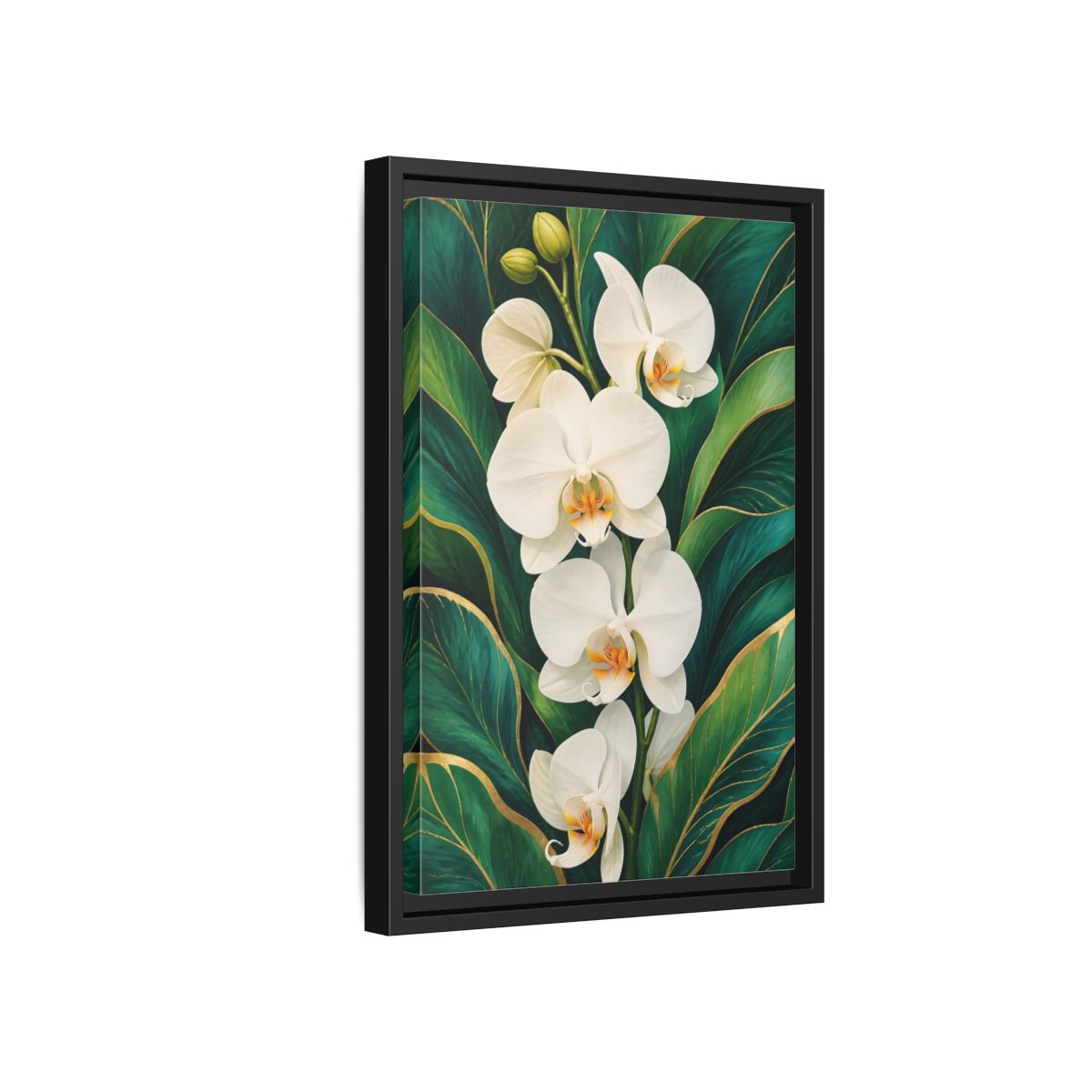 Side Mockup 6. Floral White Orchids White Orchid Gold shown as framed canvas print