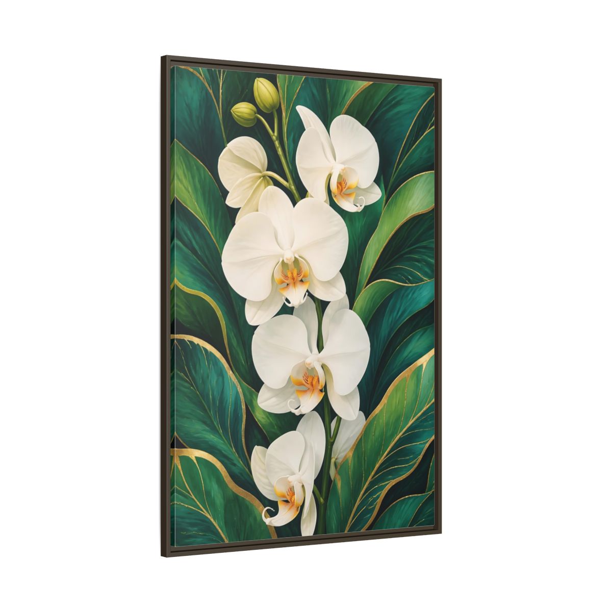 Side Mockup 8. Floral White Orchids White Orchid Gold shown as framed canvas print