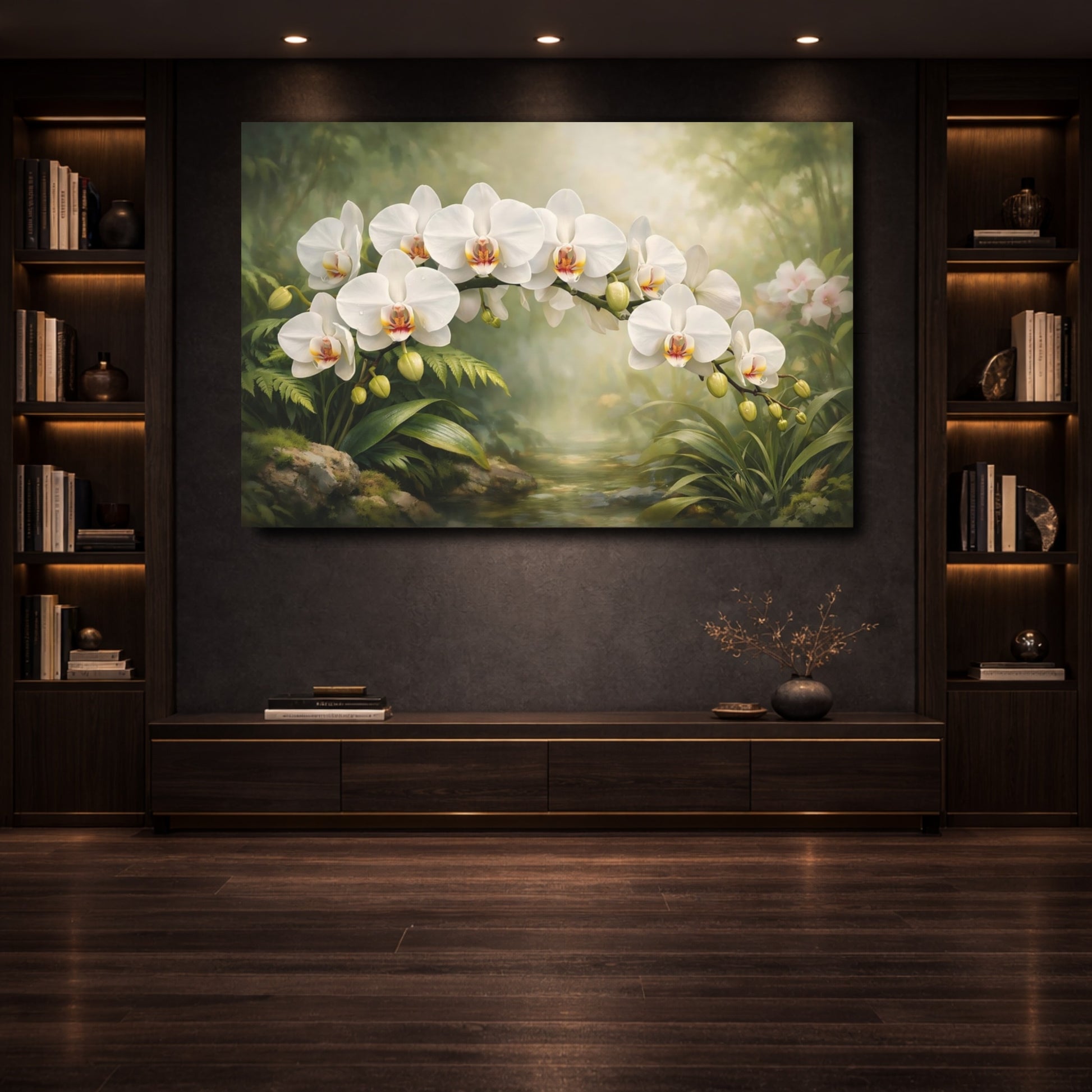 Mockup 3. Floral White Orchids White Orchid Garden shown as stretched canvas wall art