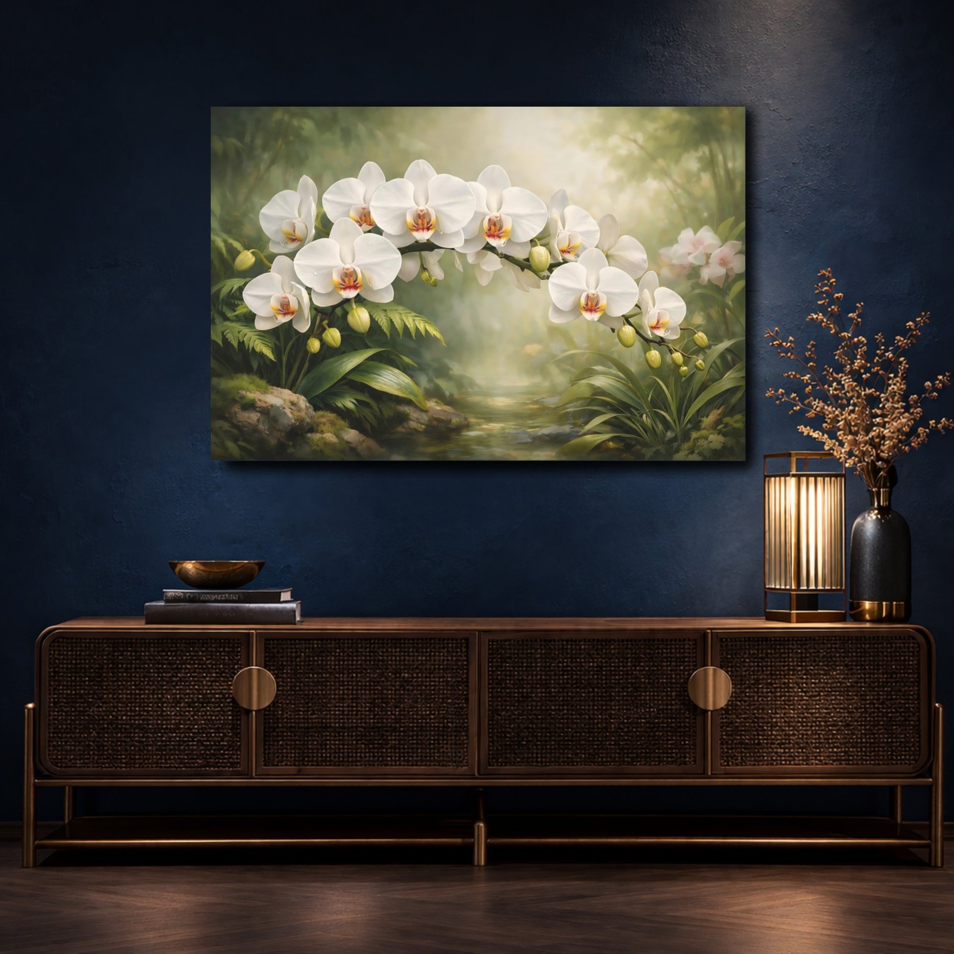 Mockup 4. Floral White Orchids White Orchid Garden shown as stretched canvas wall art