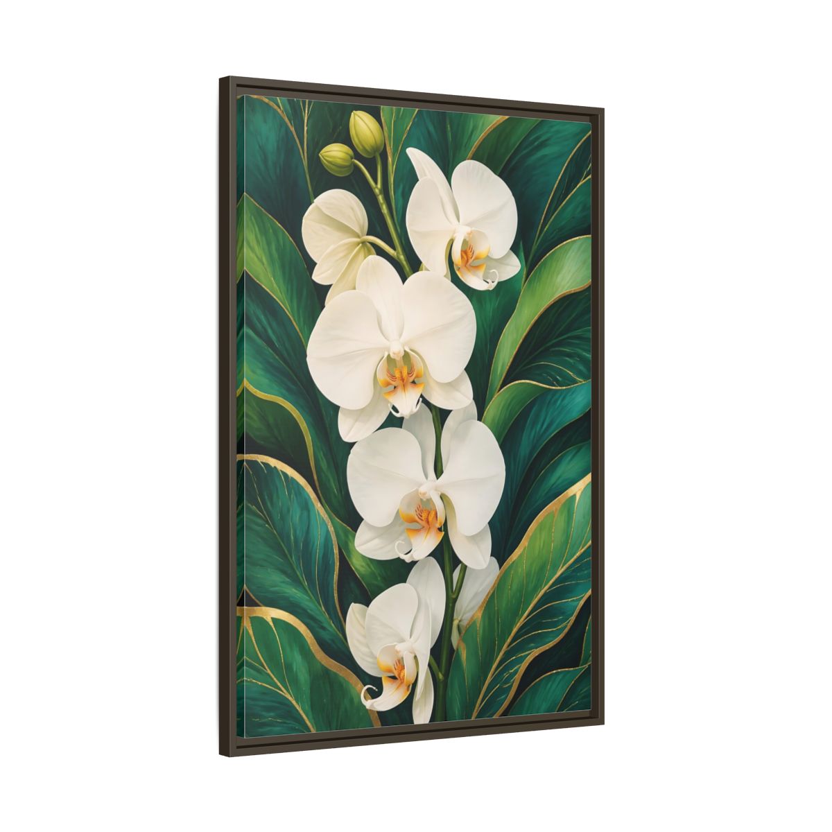 Main Mockup. Floral White Orchids White Orchid Gold shown as framed canvas print