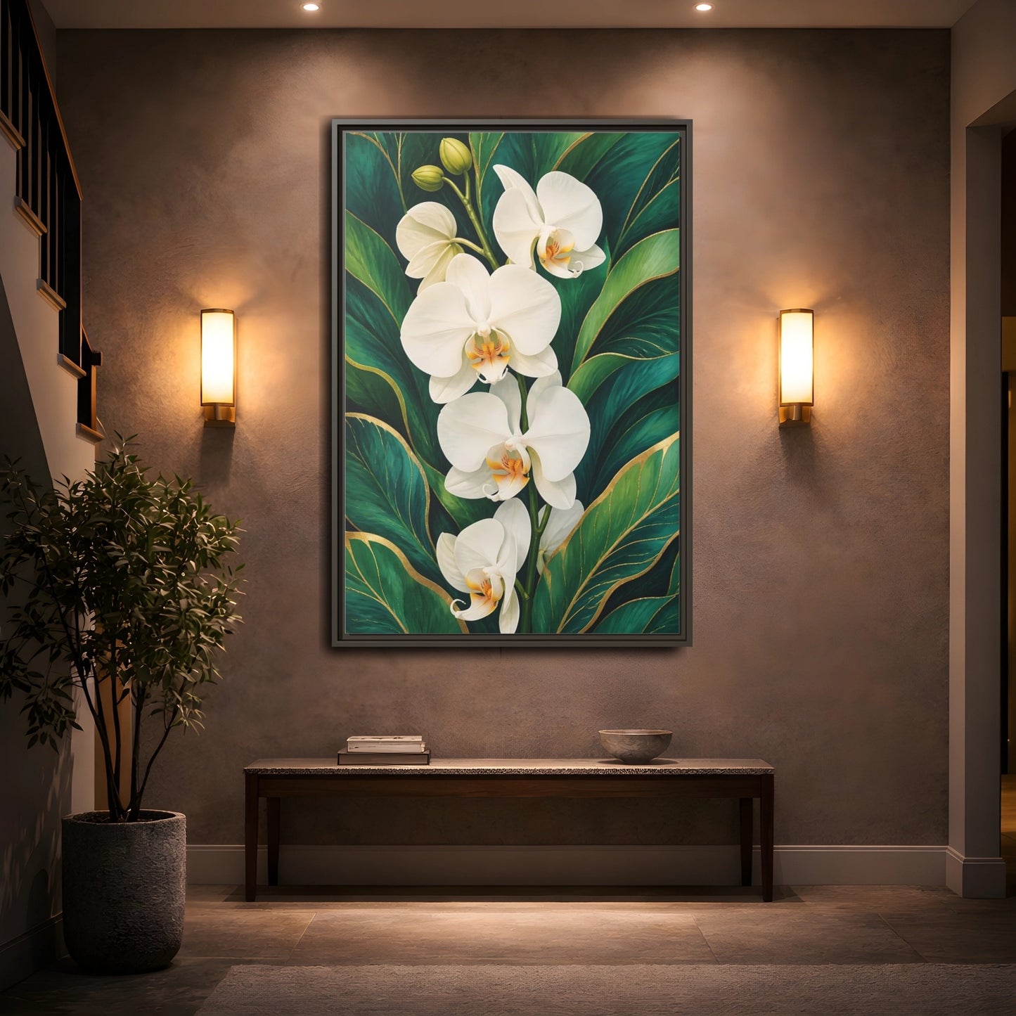 Mockup 2. Floral White Orchids White Orchid Gold shown as framed canvas print