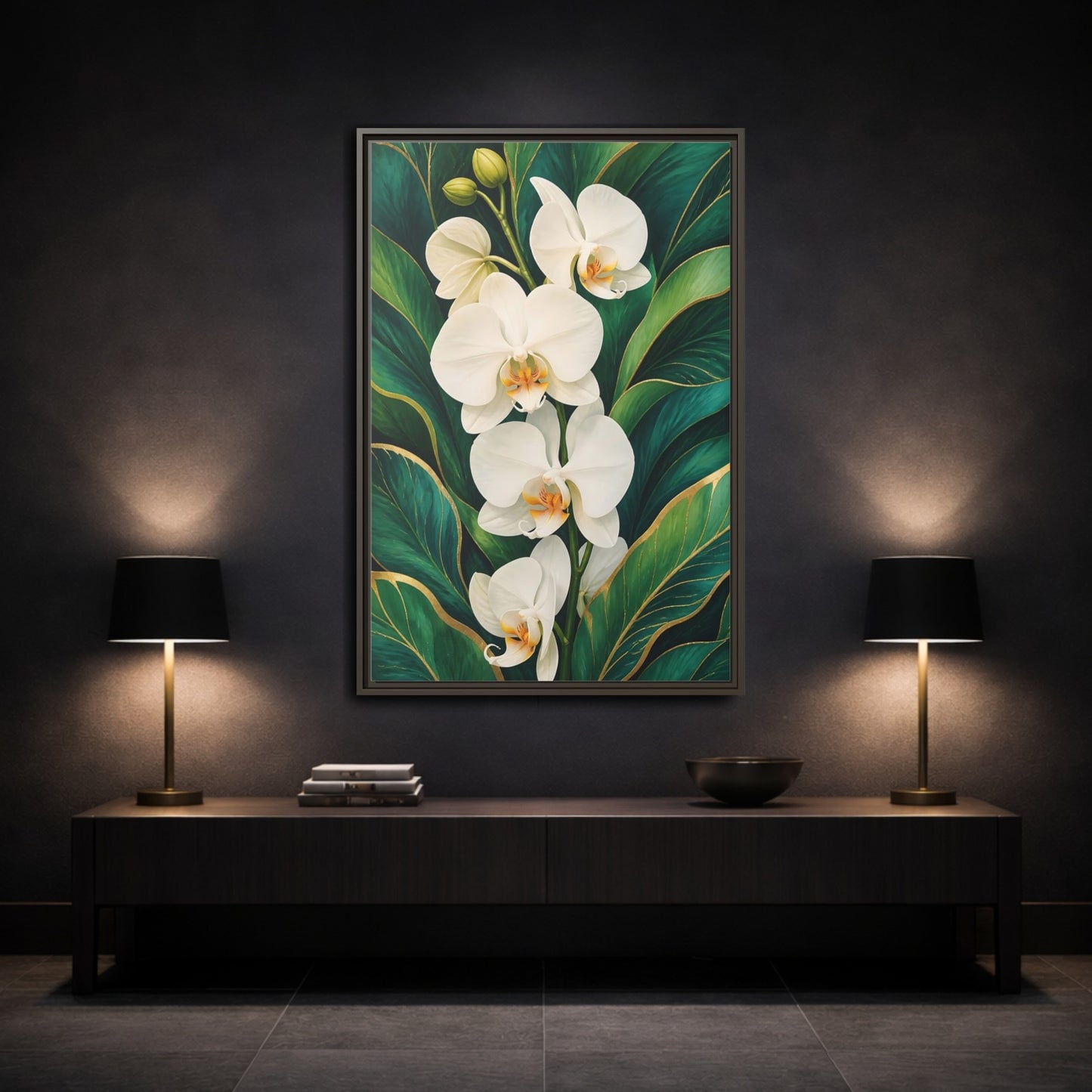 Mockup 3. Floral White Orchids White Orchid Gold shown as framed canvas print