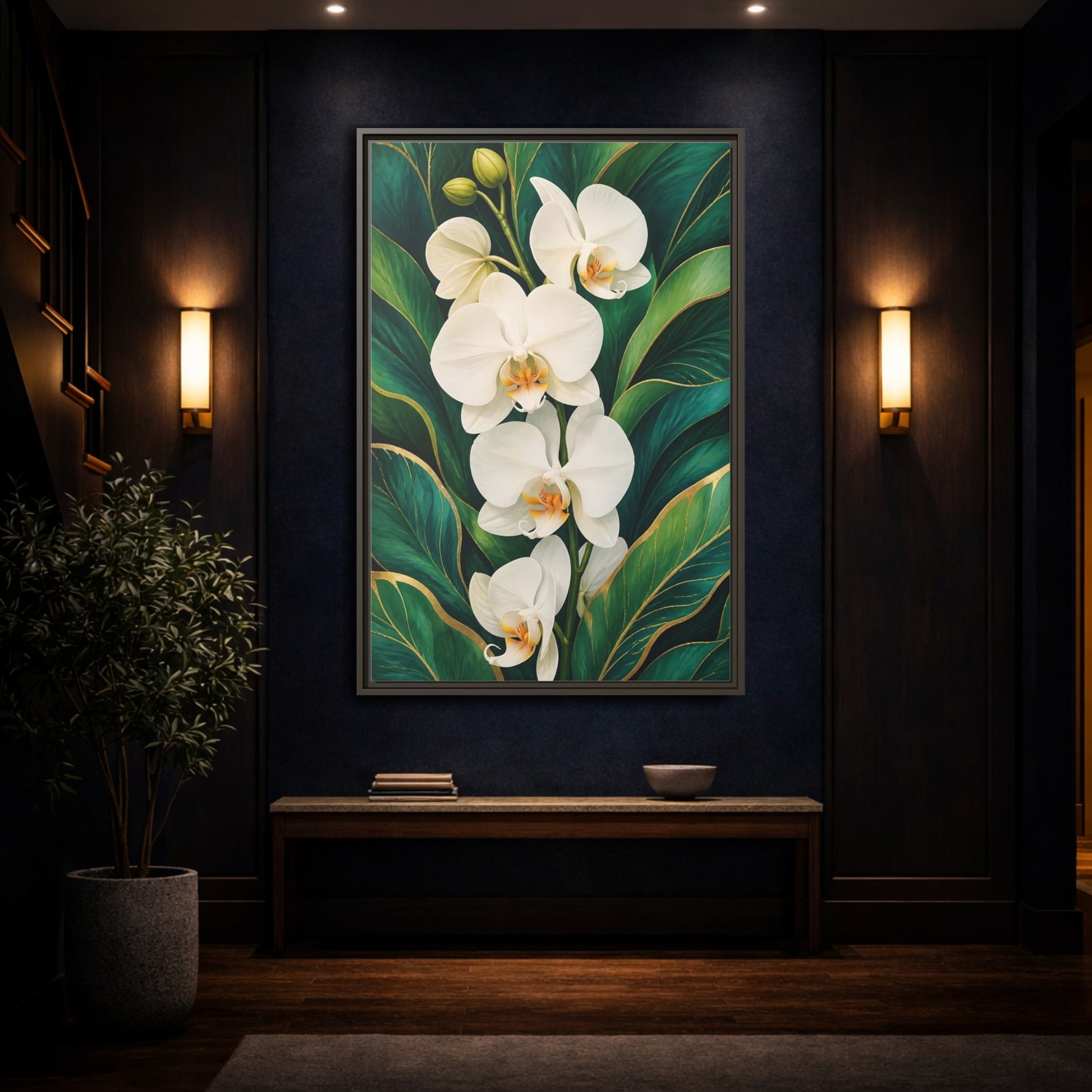 Mockup 4. Floral White Orchids White Orchid Gold shown as framed canvas print
