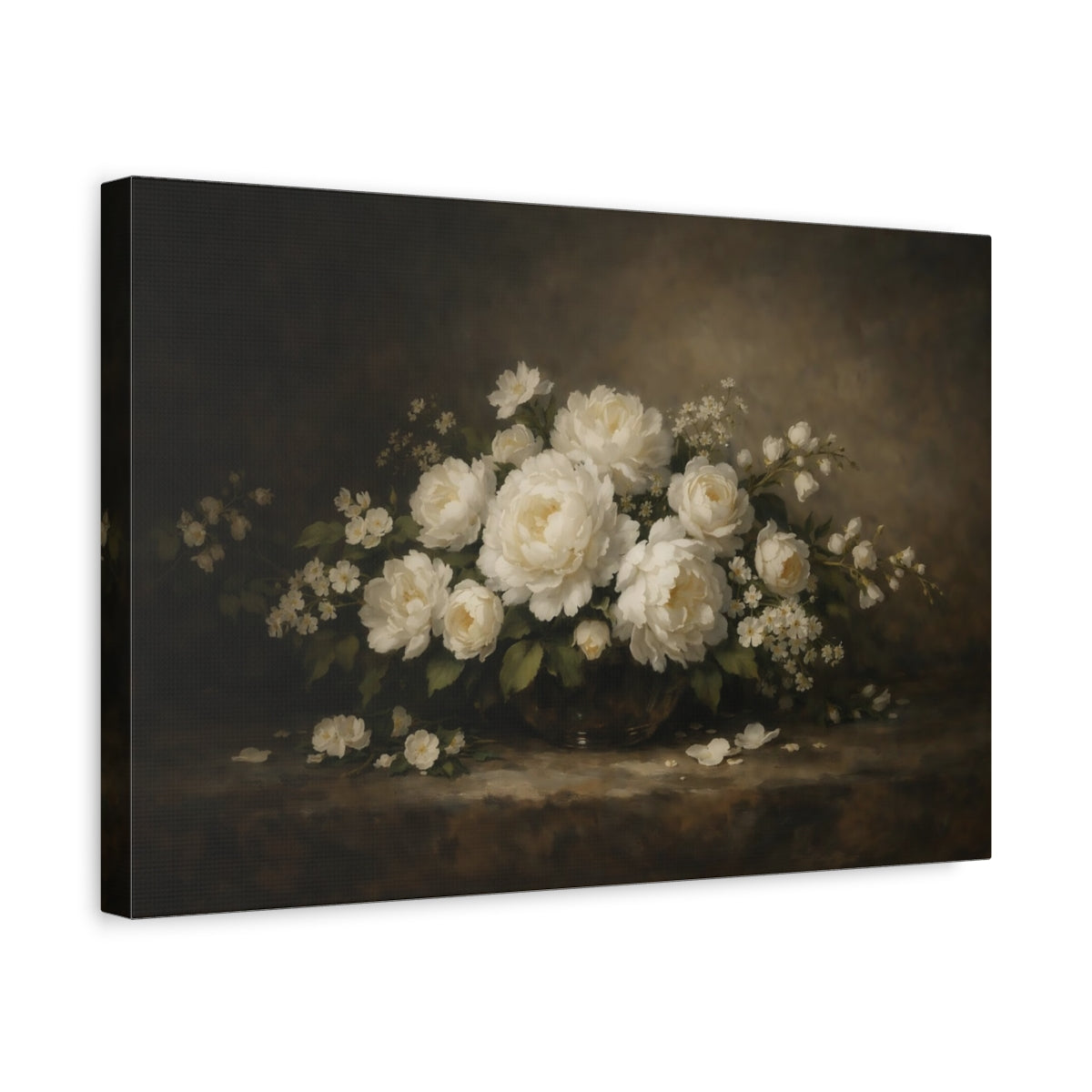 Side Mockup 4. Floral White Peonies White Floral shown as stretched canvas wall art