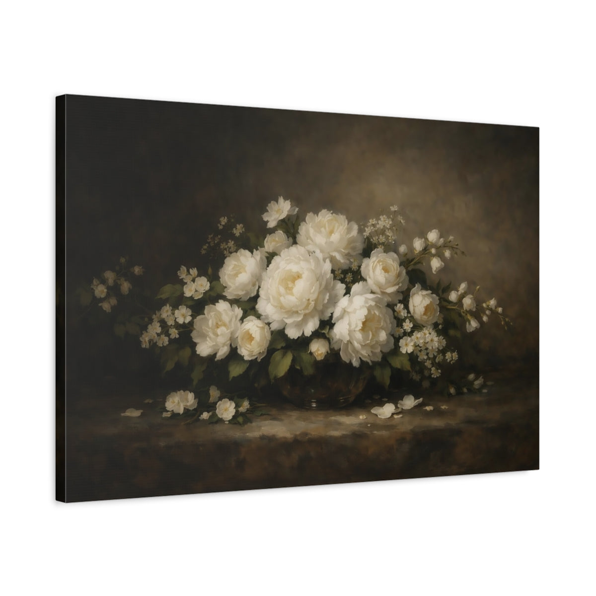 Side Mockup 2. Floral White Peonies White Floral shown as stretched canvas wall art