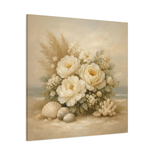 Main Mockup. Floral White Peonies Coastal Floral shown as stretched canvas wall art