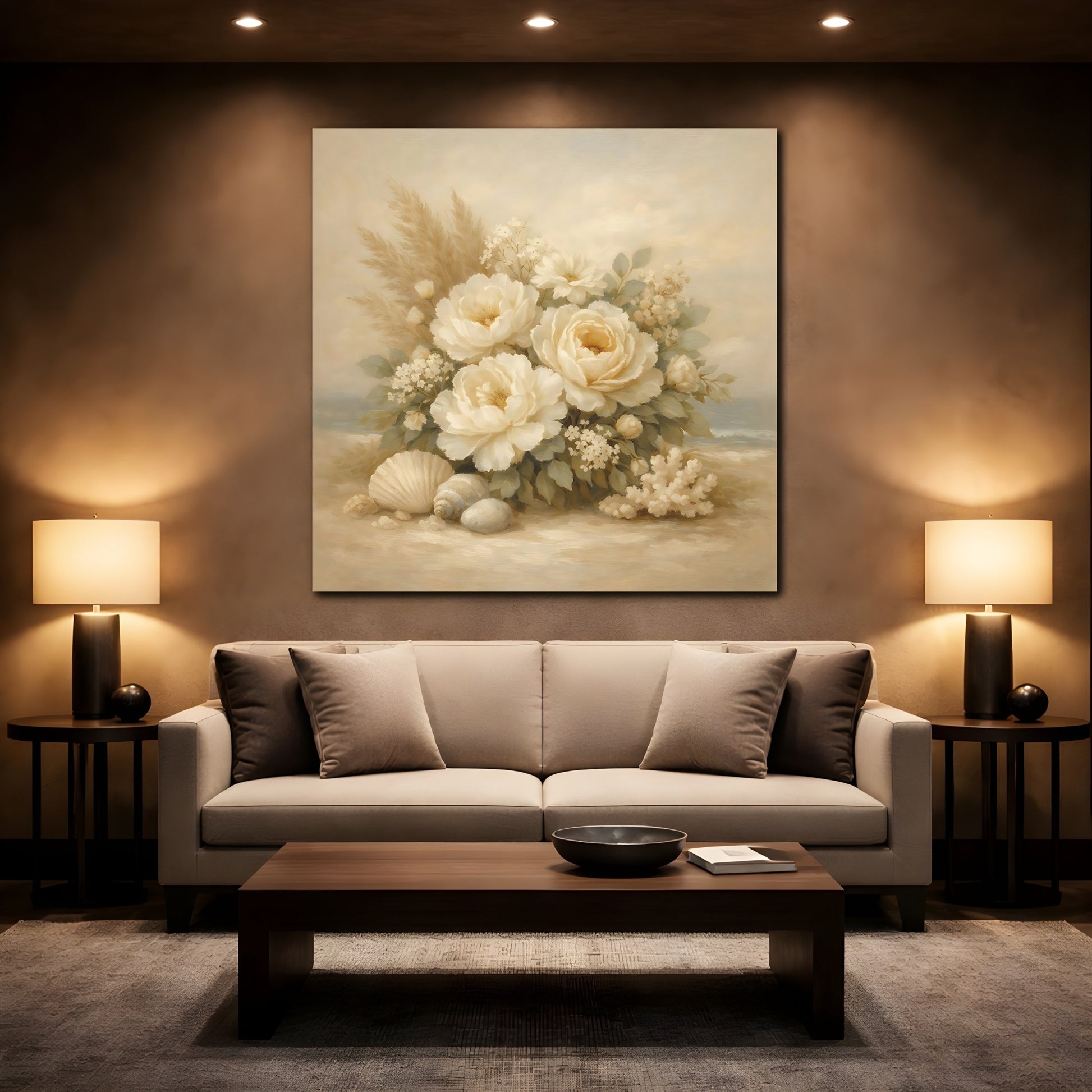 Mockup 2. Floral White Peonies Coastal Floral shown as stretched canvas wall art