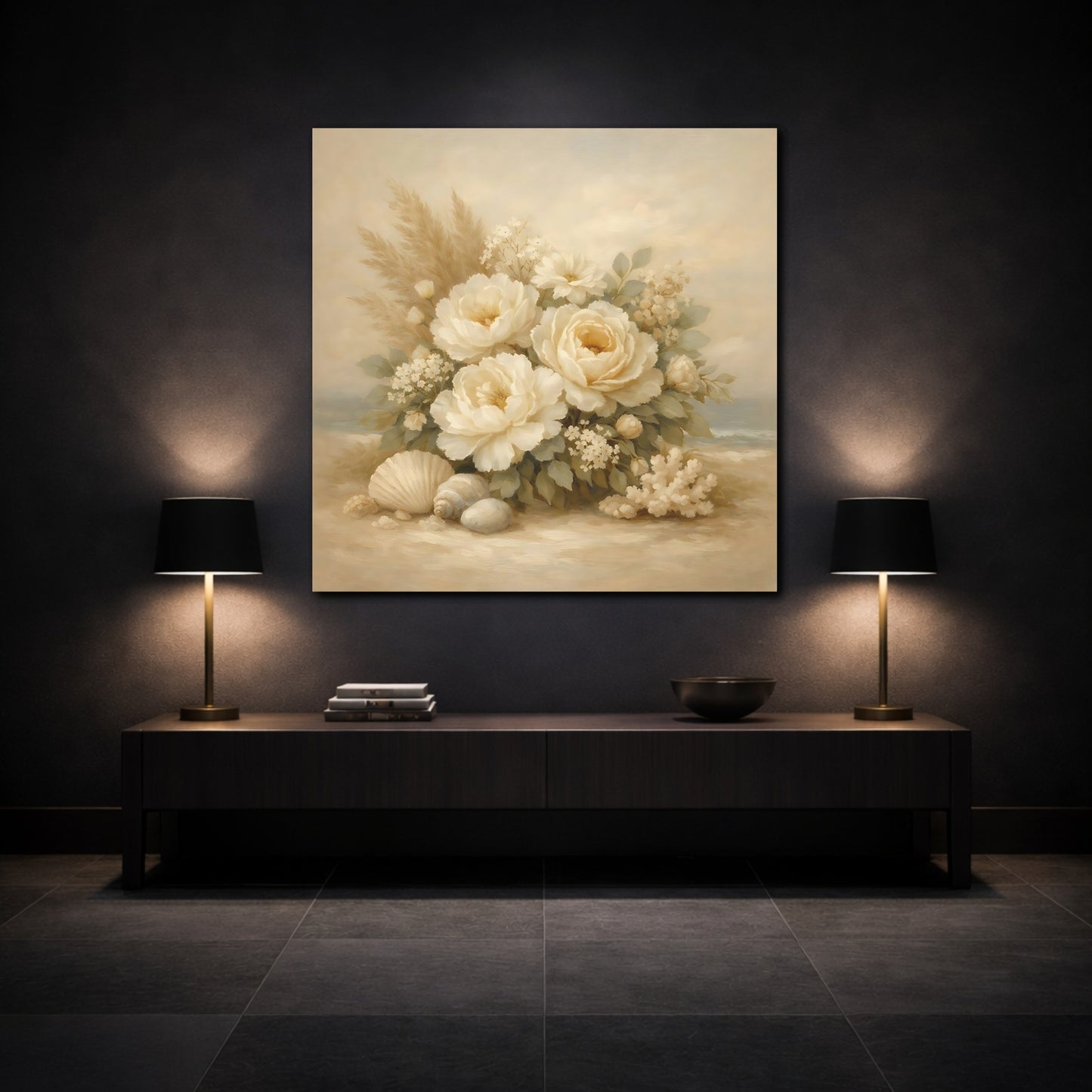 Mockup 3. Floral White Peonies Coastal Floral shown as stretched canvas wall art
