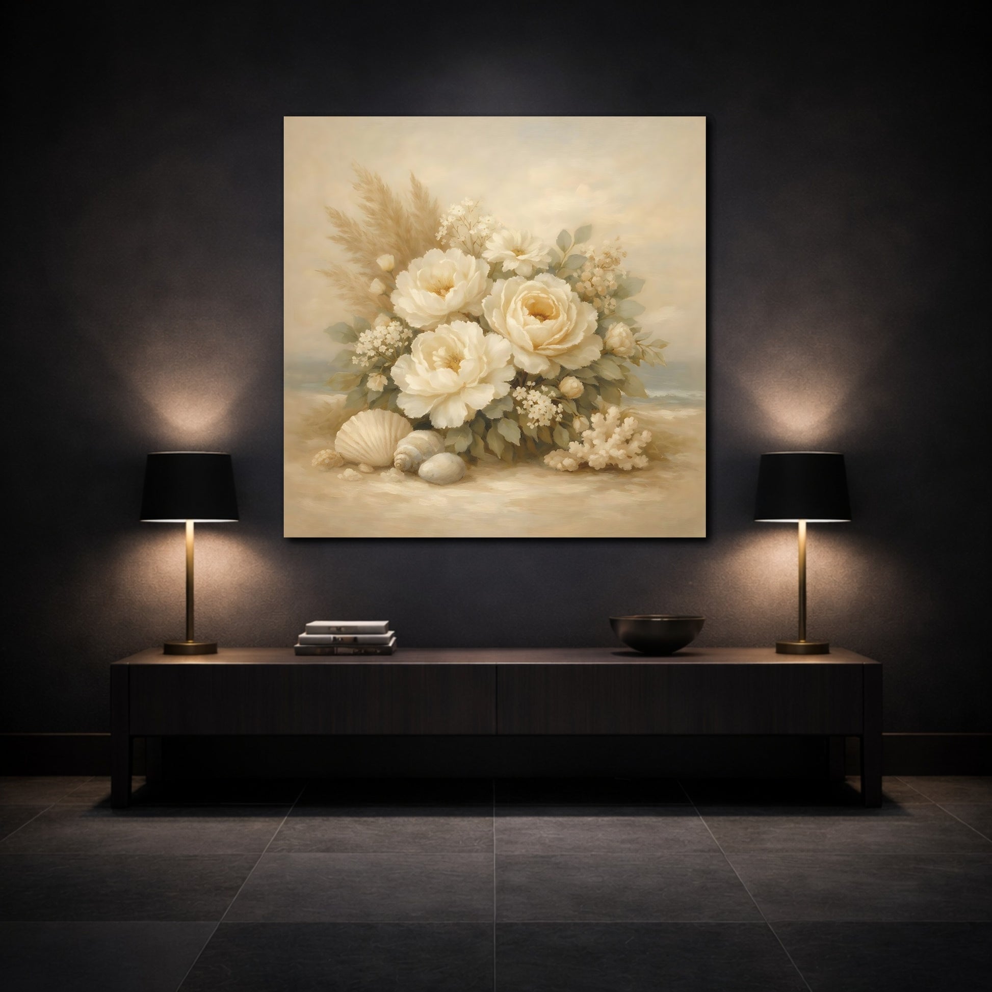 Mockup 3. Floral White Peonies Coastal Floral shown as stretched canvas wall art