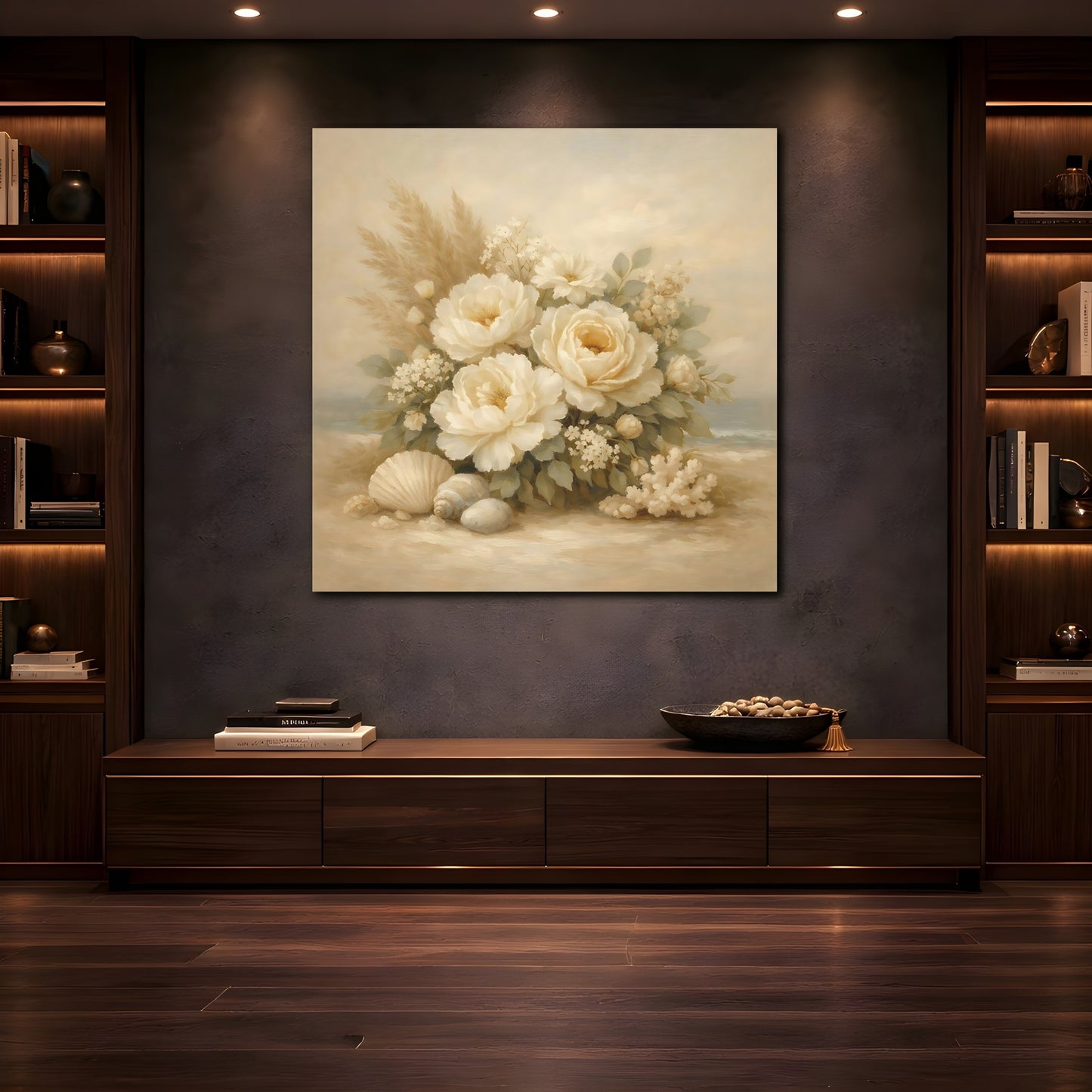 Mockup 4. Floral White Peonies Coastal Floral shown as stretched canvas wall art
