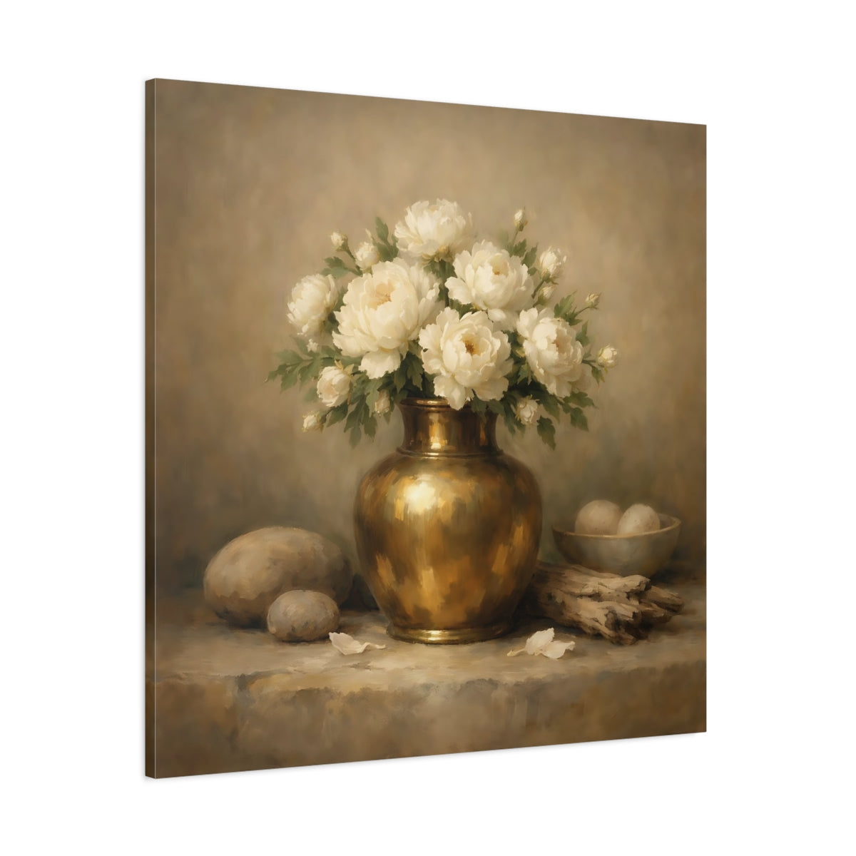 Main Mockup. Floral White Peonies Cream And Gold shown as stretched canvas wall art