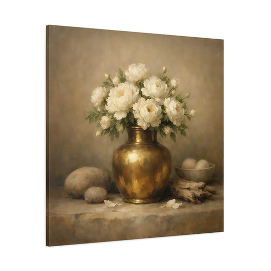 Main Mockup. Floral White Peonies Cream And Gold shown as stretched canvas wall art