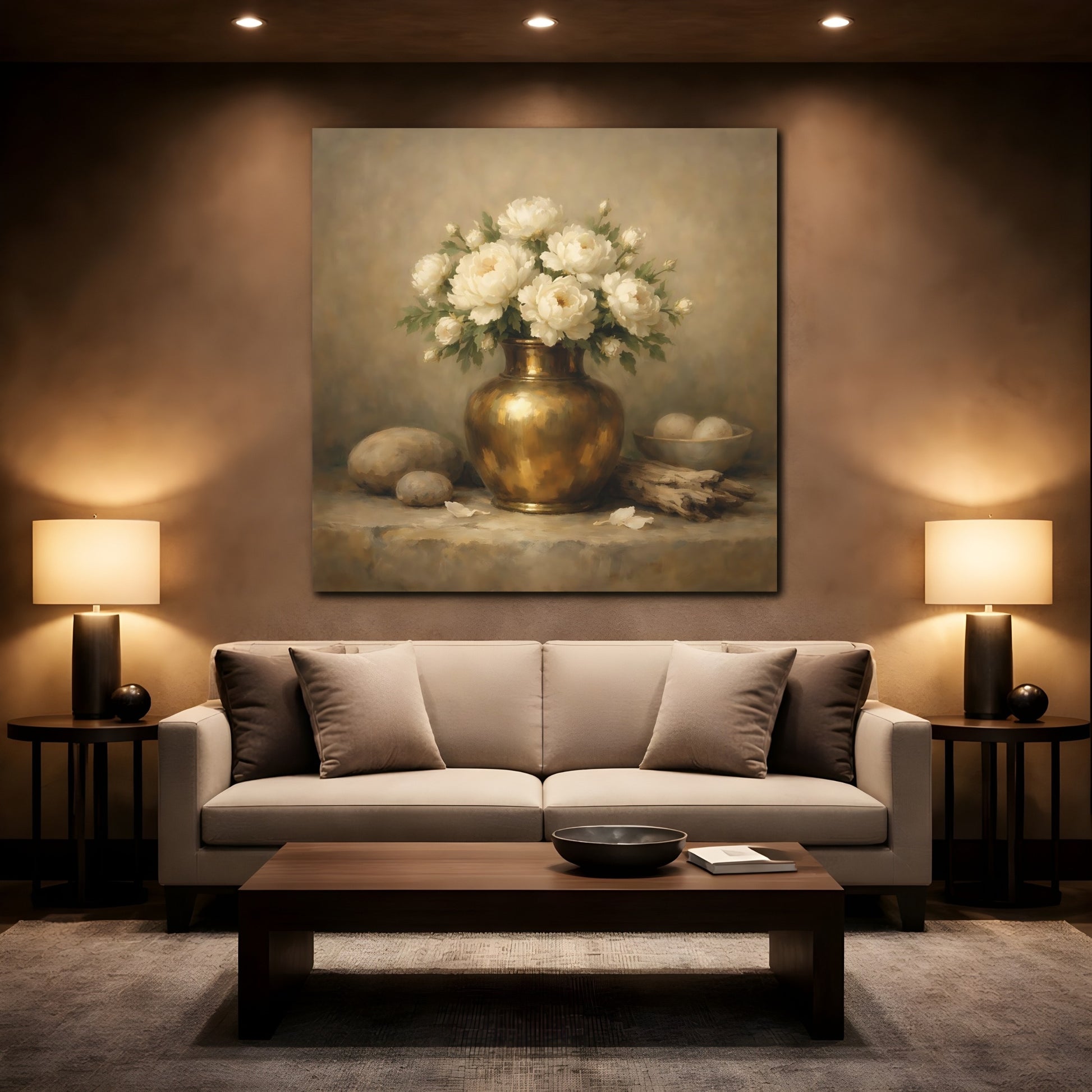 Mockup 2. Floral White Peonies Cream And Gold shown as stretched canvas wall art