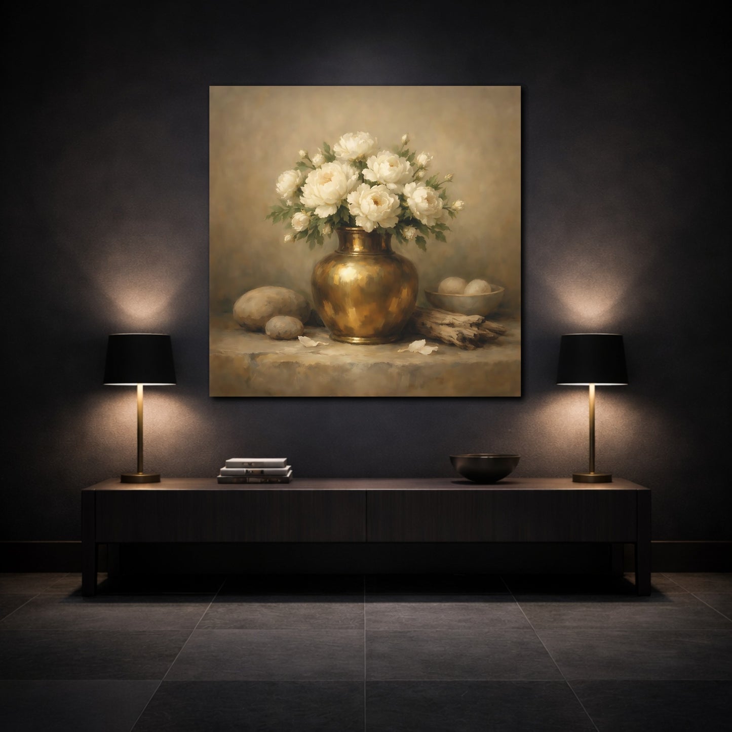 Mockup 3. Floral White Peonies Cream And Gold shown as stretched canvas wall art