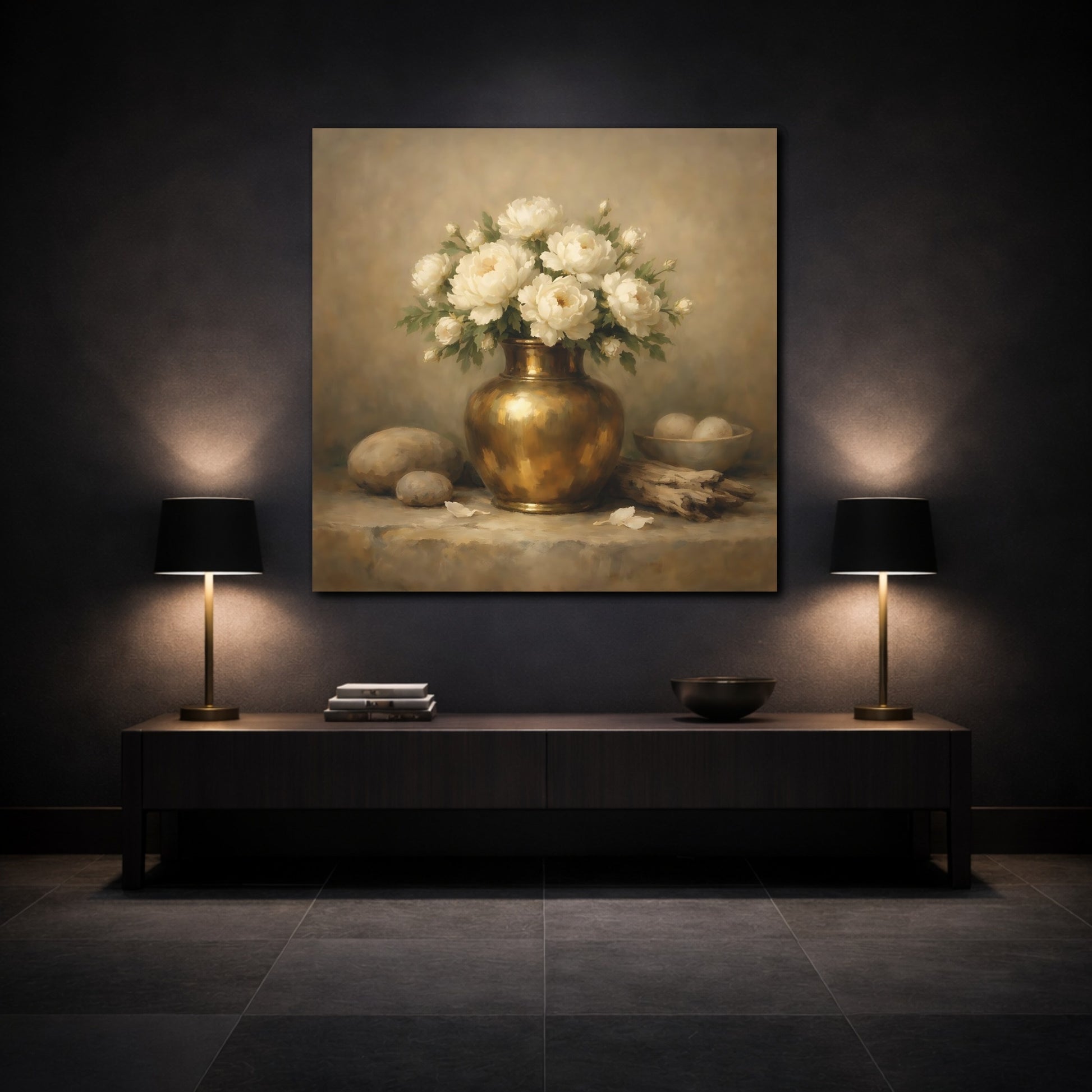 Mockup 3. Floral White Peonies Cream And Gold shown as stretched canvas wall art