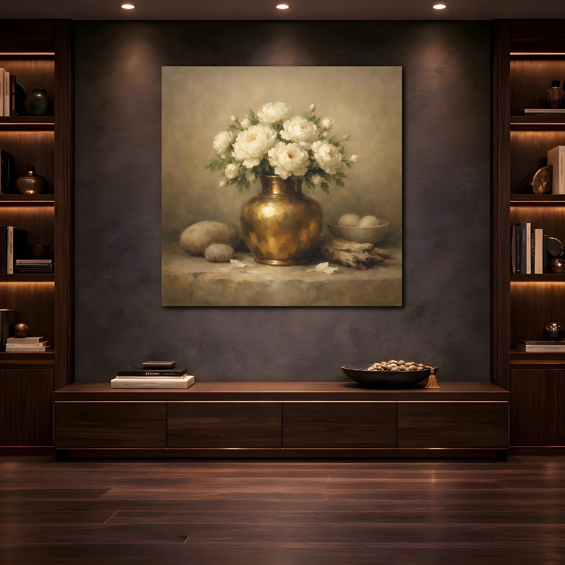 Mockup 4. Floral White Peonies Cream And Gold shown as stretched canvas wall art