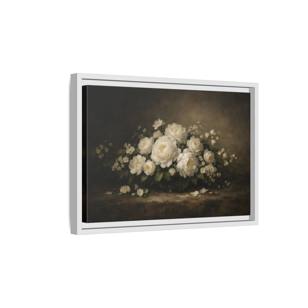 Side Mockup 4. Floral White Peonies White Peonies Dark Background shown as stretched canvas wall art