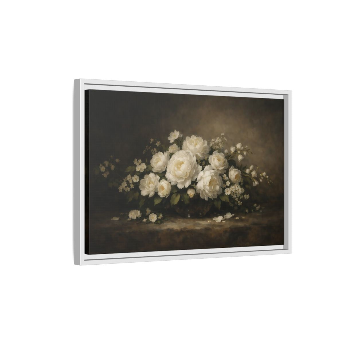Side Mockup 1. Floral White Peonies White Peonies Dark Background shown as stretched canvas wall art