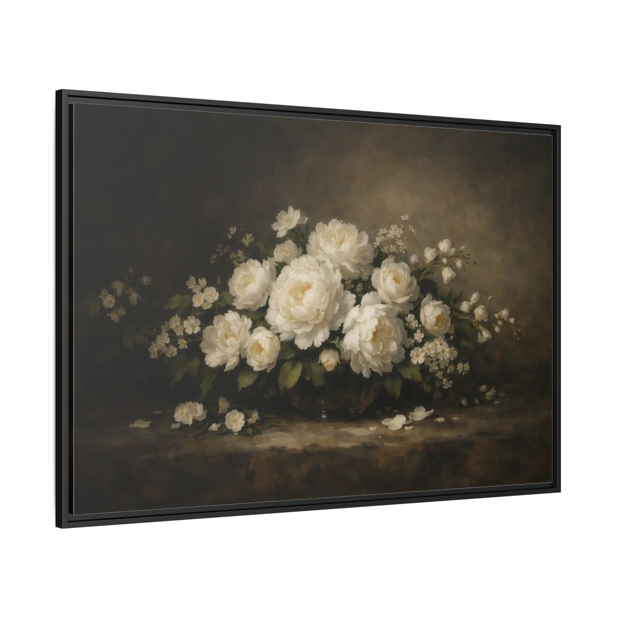 Side Mockup 12. Floral White Peonies White Peonies Dark Background shown as stretched canvas wall art