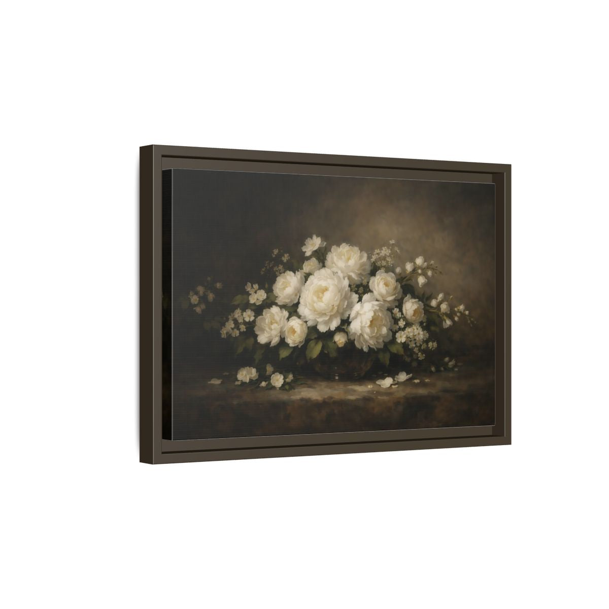 Side Mockup 5. Floral White Peonies White Peonies Dark Background shown as stretched canvas wall art