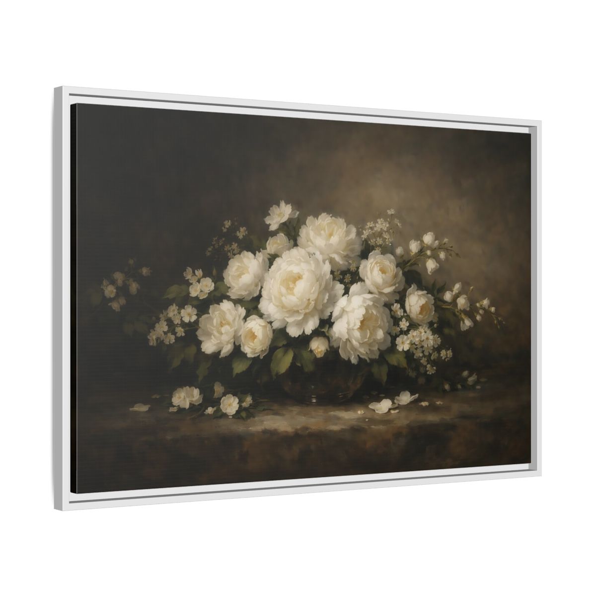 Side Mockup 8. Floral White Peonies White Peonies Dark Background shown as stretched canvas wall art