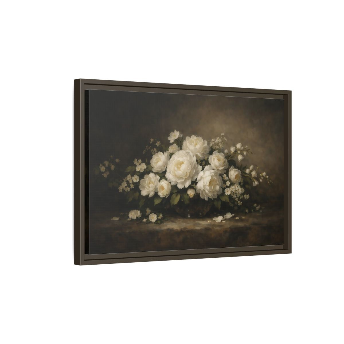 Side Mockup 2. Floral White Peonies White Peonies Dark Background shown as stretched canvas wall art