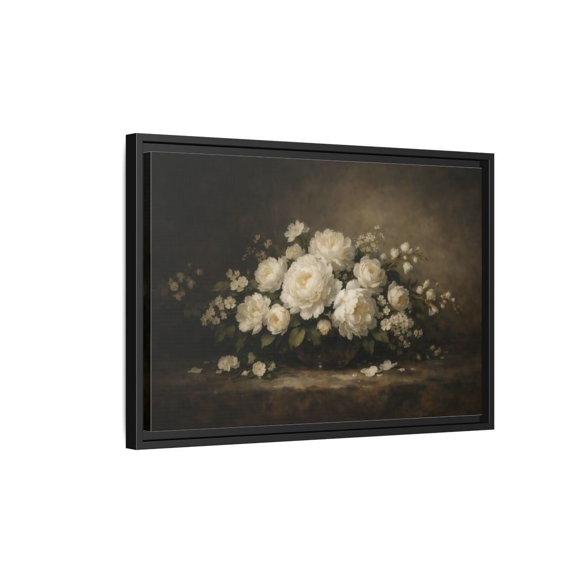 Side Mockup 3. Floral White Peonies White Peonies Dark Background shown as stretched canvas wall art