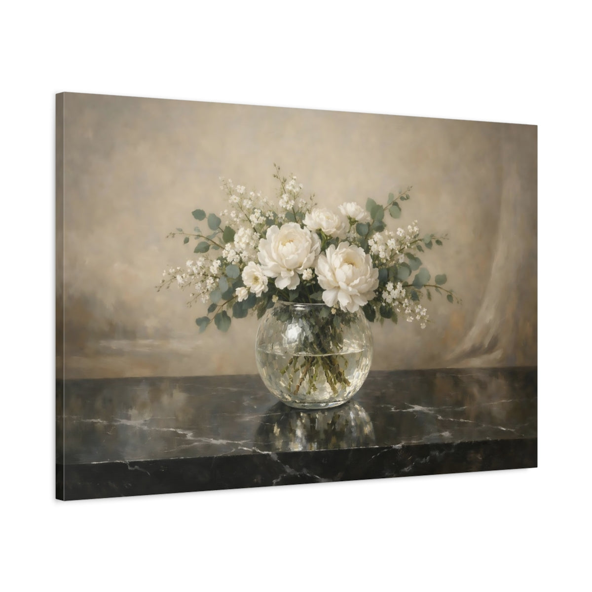 Side Mockup 1. Floral White Peonies White Peony Flowers shown as stretched canvas wall art